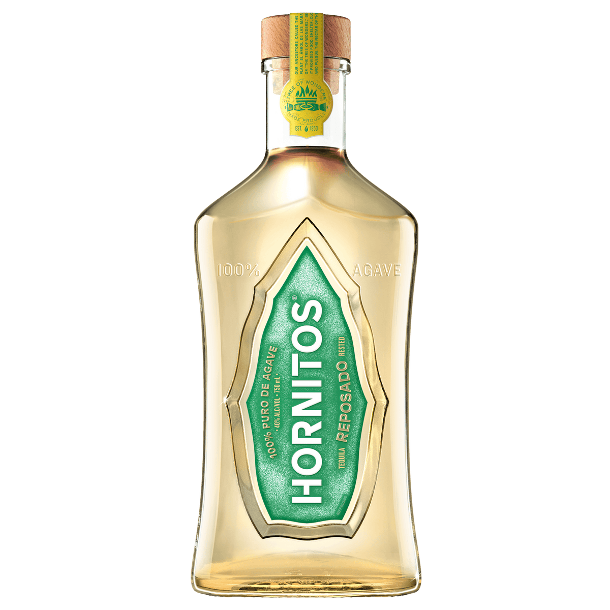 Hornitos Reposado Tequila 750ml bottle with green label, produced by Tequila Sauza in Jalisco, aged in American oak barrels.
