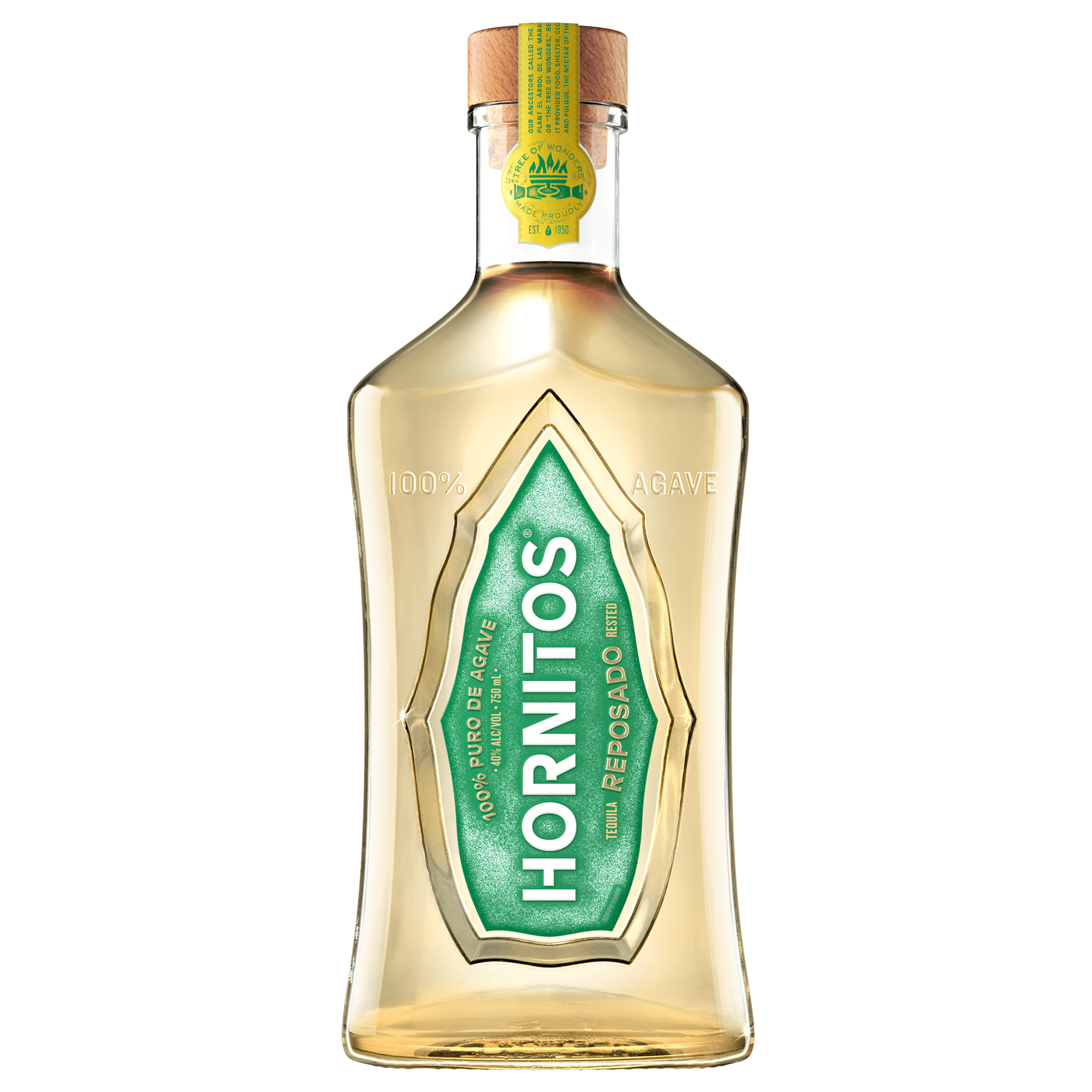 Hornitos Reposado Tequila 750ml bottle with green label, produced by Tequila Sauza in Jalisco, aged in American oak barrels.