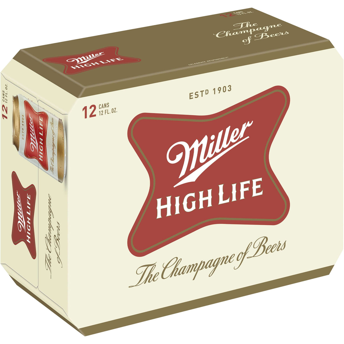 Miller High Life 12 Pack, 12oz Cans featuring classic branding, American lager style, known for crisp taste, by Miller Brewing Company.