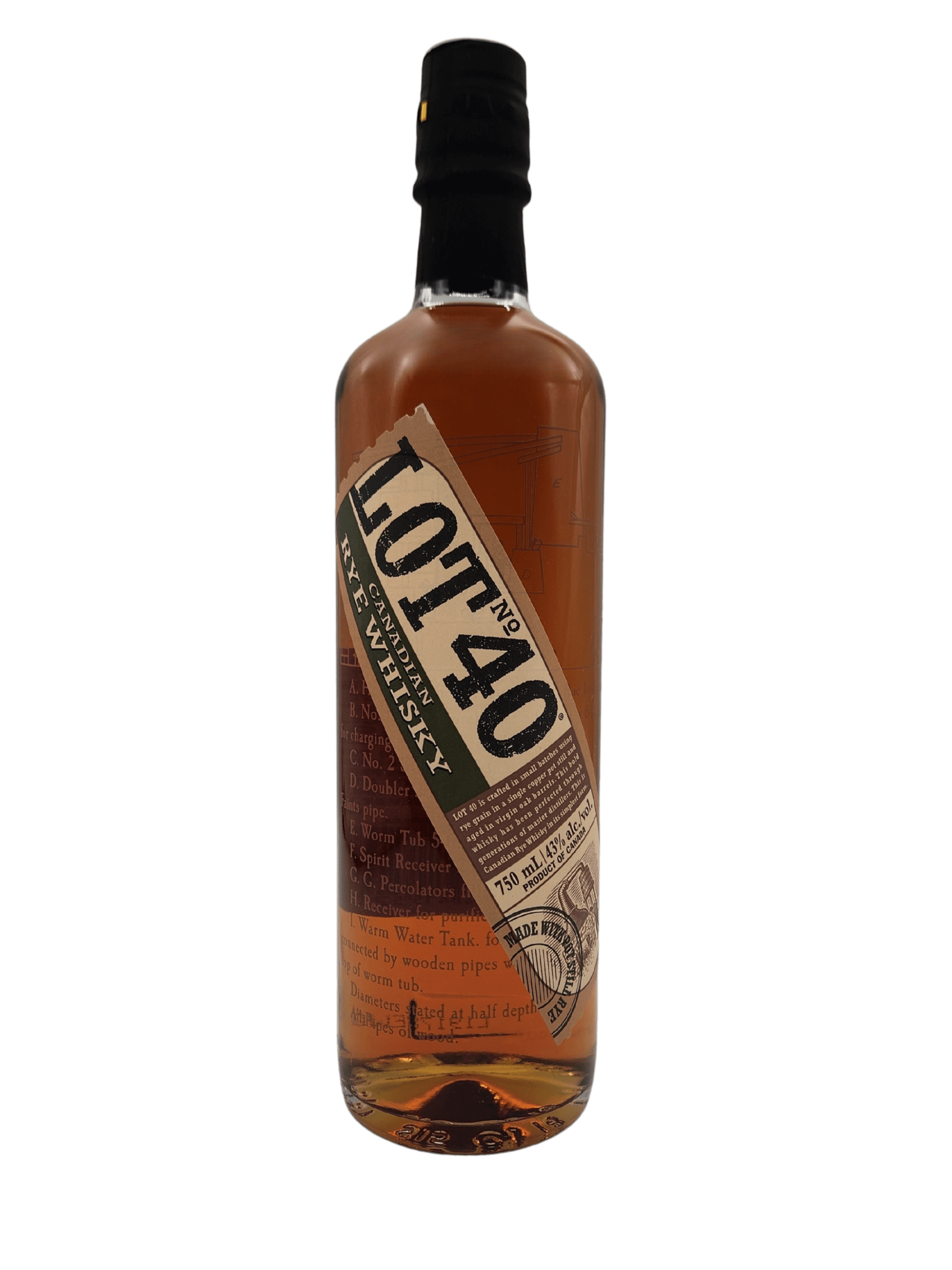 Lot 40 Rye Canadian Whiskey 750mL bottle, 43% ABV, crafted from 100% rye grain, displayed against a plain background.