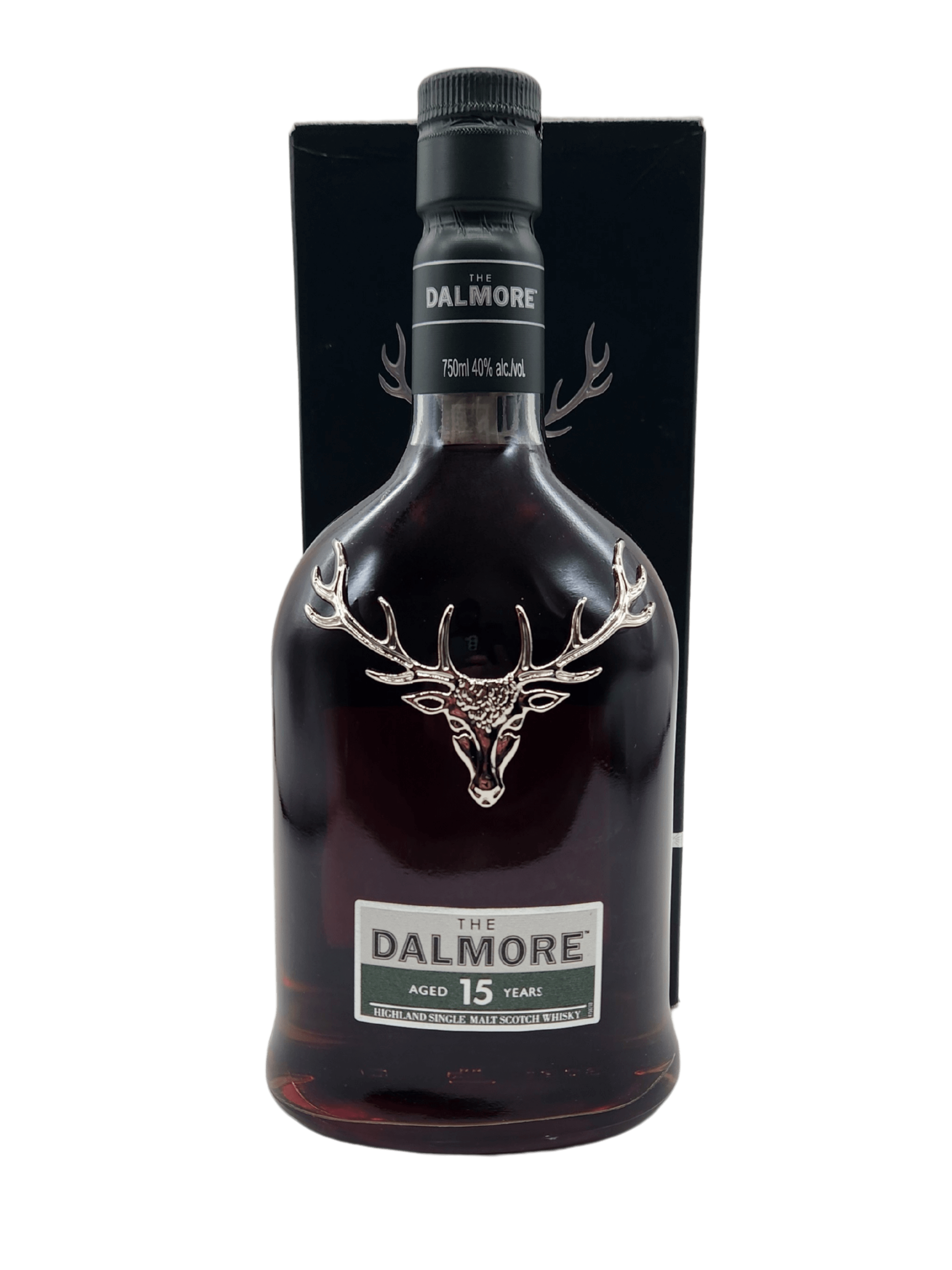 Dalmore 15YR Single Malt Scotch Whisky 750mL bottle, Highland origin, featuring iconic stag emblem.