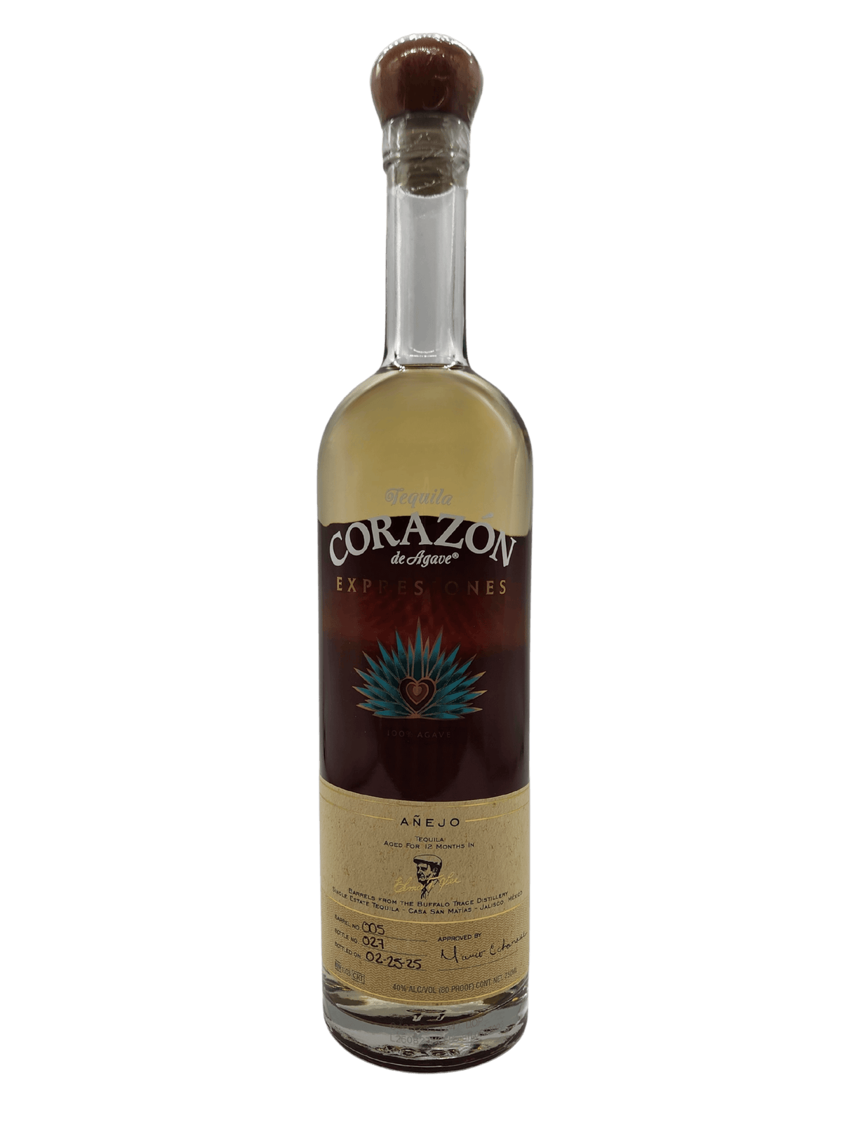 Corazon Expresiones Añejo Tequila 750mL bottle aged in Elmer T. Lee barrels, showcasing rich flavors of caramel and oak.