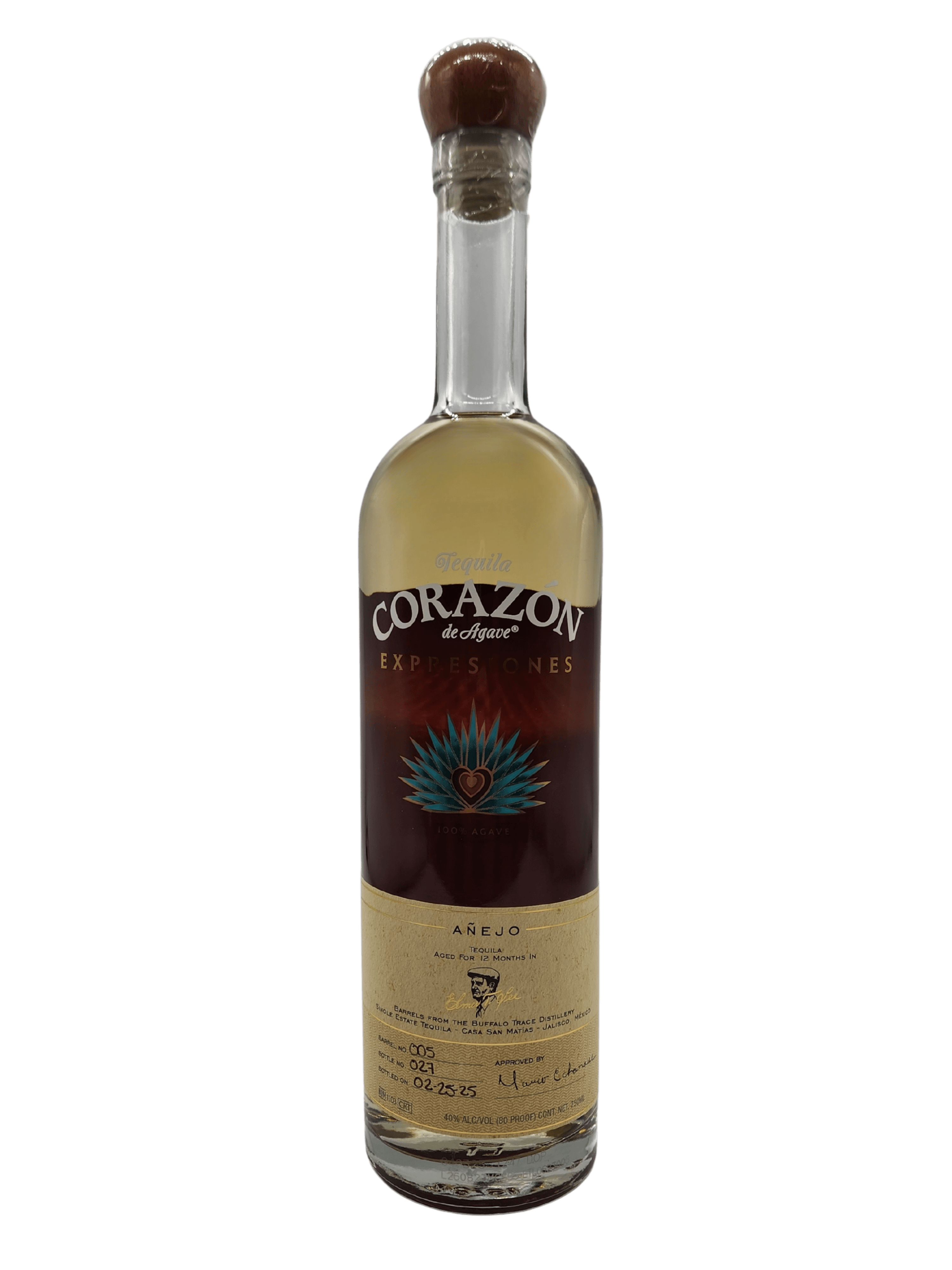 Corazon Expresiones Añejo Tequila 750mL bottle aged in Elmer T. Lee barrels, showcasing rich flavors of caramel and oak.