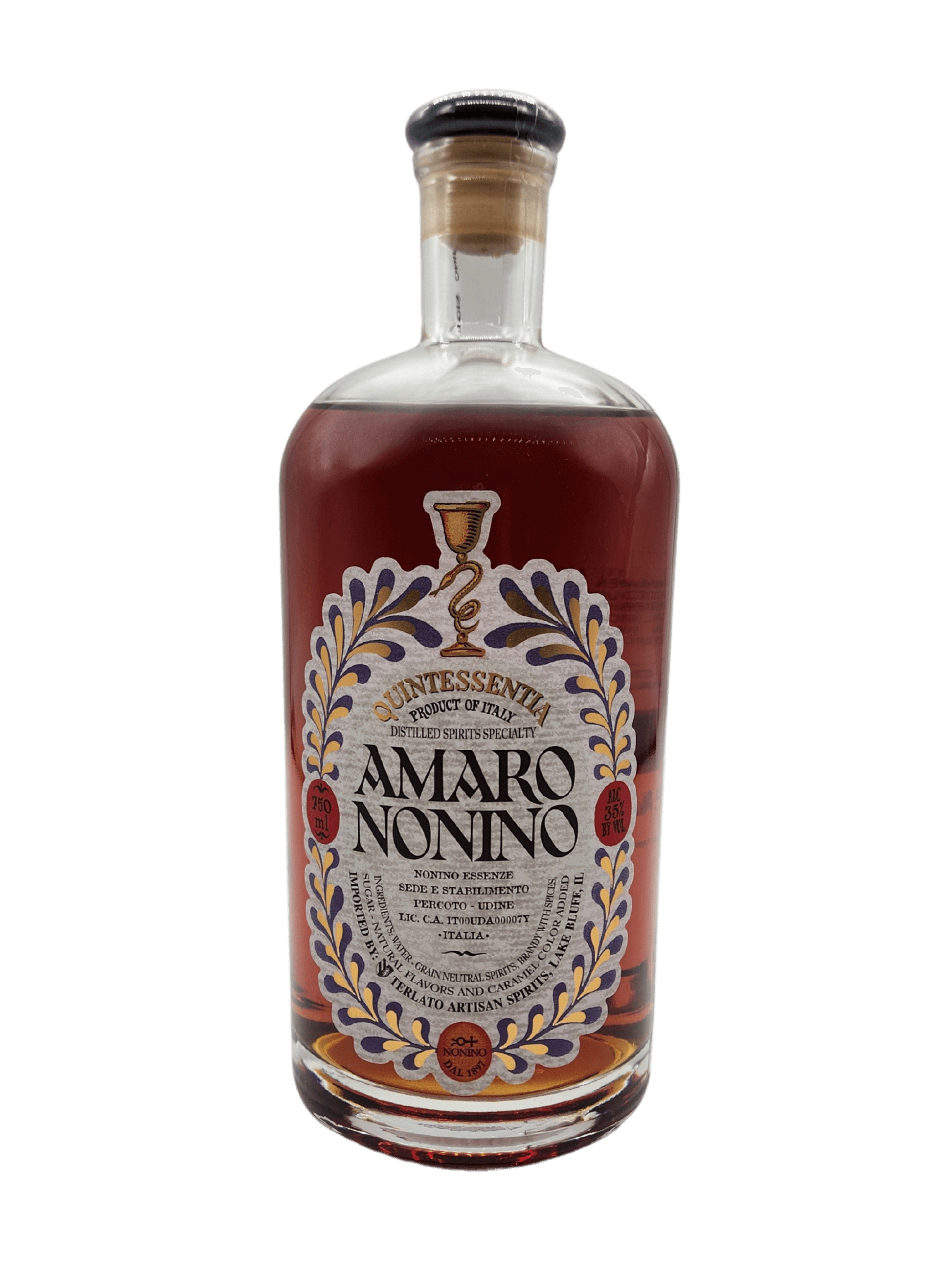 Amaro Nonino Quintessentia 750mL Italian herbal liqueur bottle with ornate label, celebrated for its balanced bitter-sweet flavor.