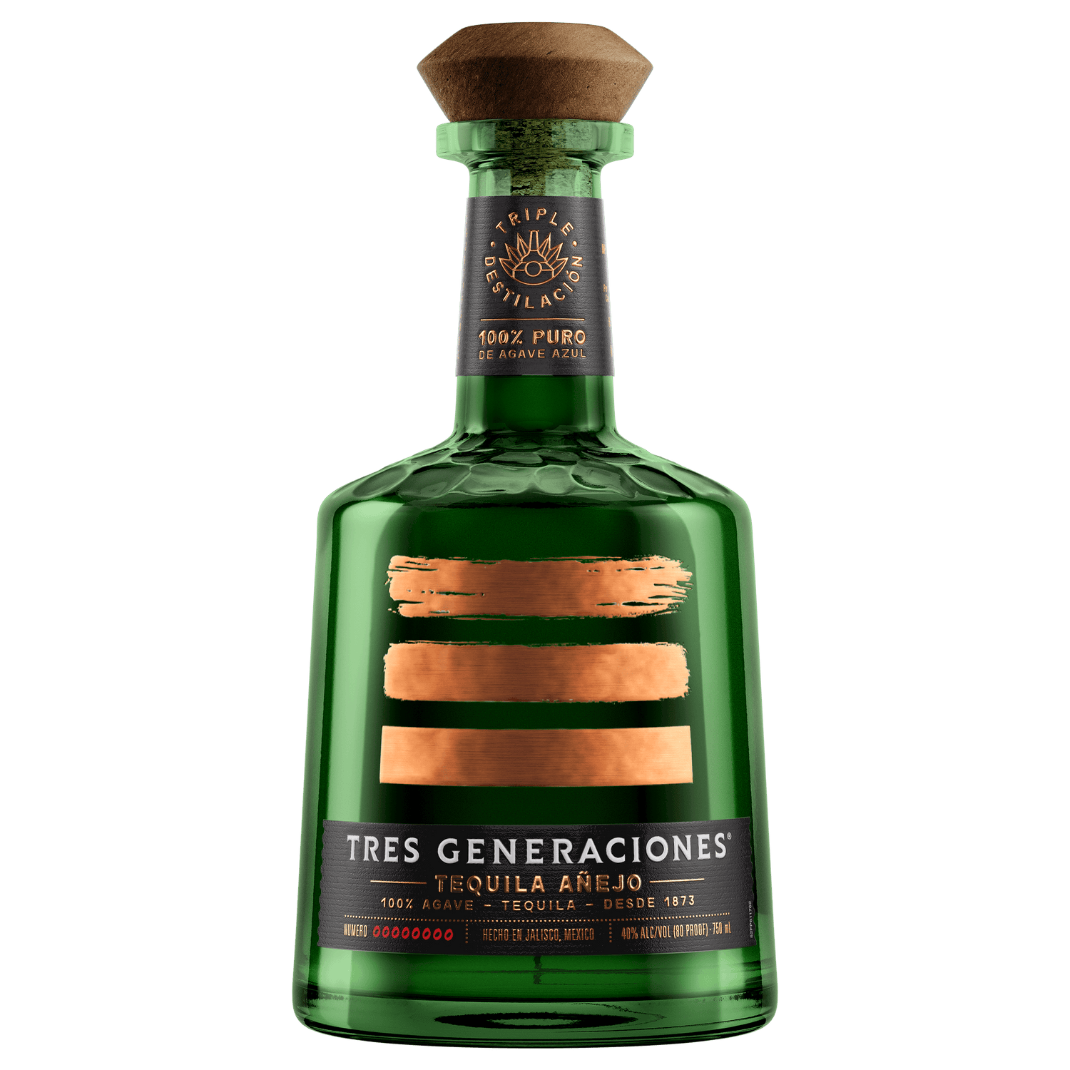 Tres Generaciones Tequila Añejo 750ml bottle, aged in American oak, crafted at La Perseverancia Distillery, Tequila, Jalisco.