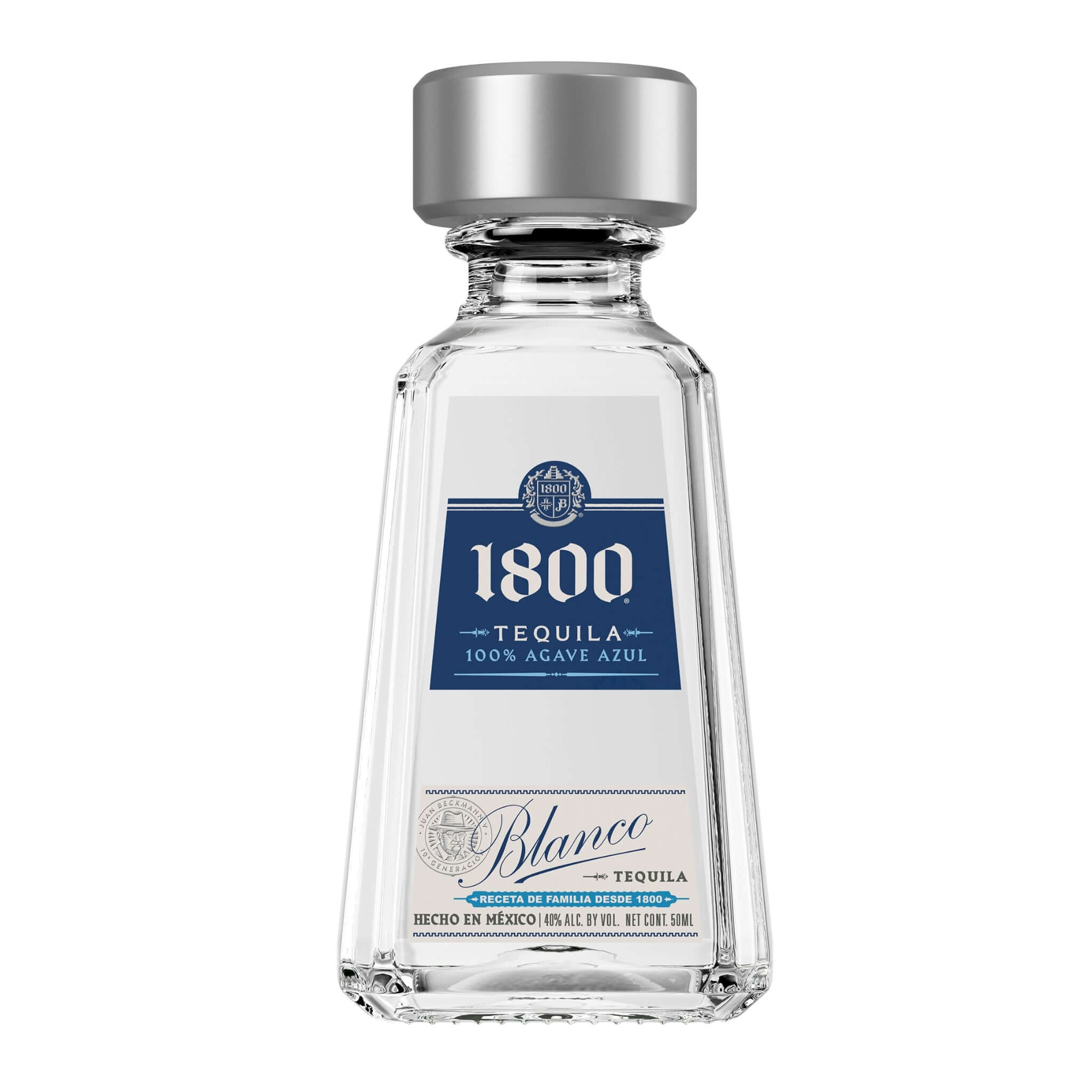 1800 Blanco Tequila 50ml bottle, premium 100% Blue Weber agave, double-distilled, smooth and versatile