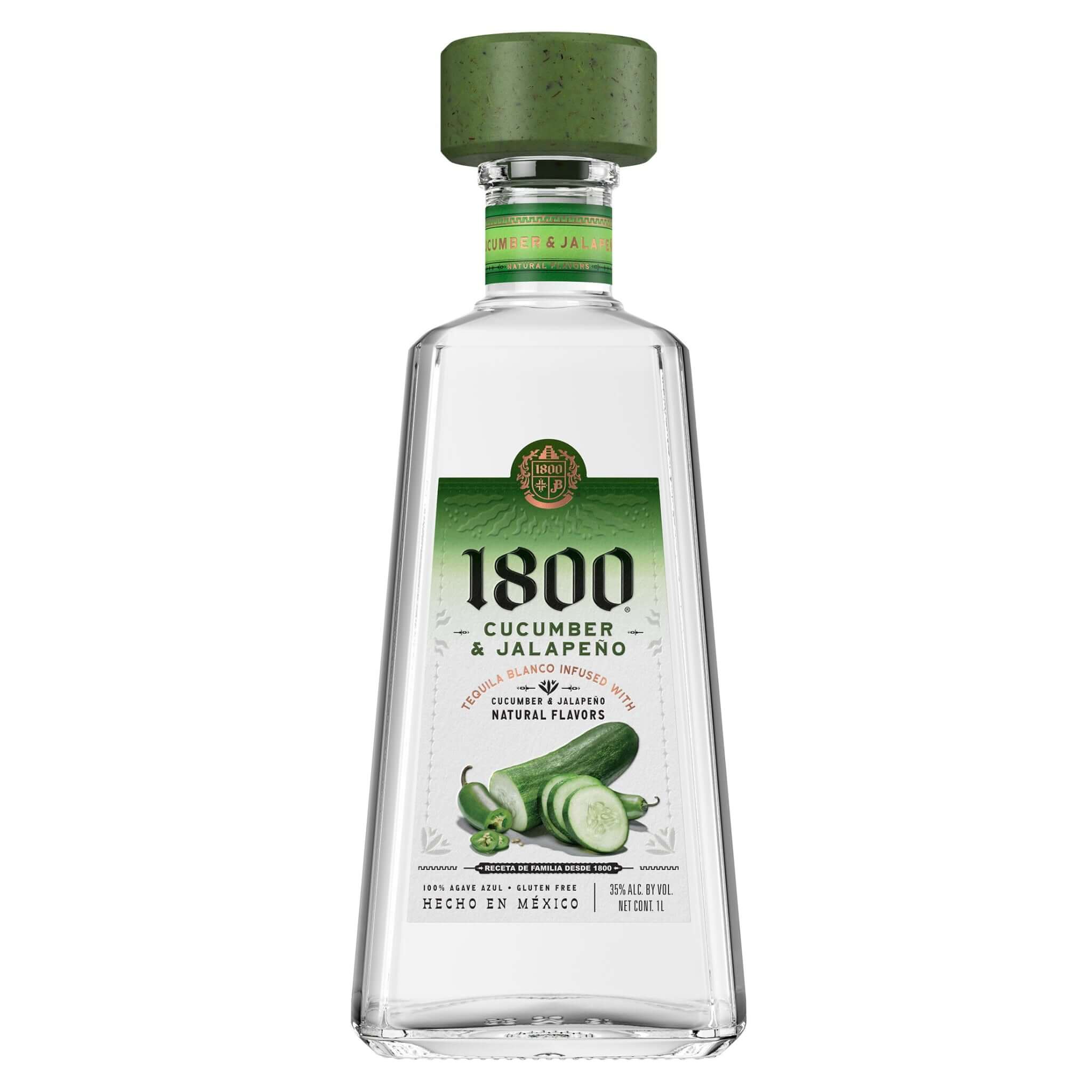 1800 Cucumber & Jalapeño Tequila 1L bottle, crafted from 100% Weber blue agave, featuring refreshing cucumber and spicy jalapeño flavor.