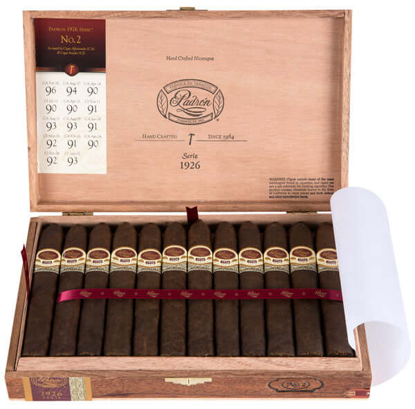 Open box of Padron 1926 No. 2 Natural cigars, 24-count, showcasing Nicaraguan craftsmanship with ratings labels visible.
