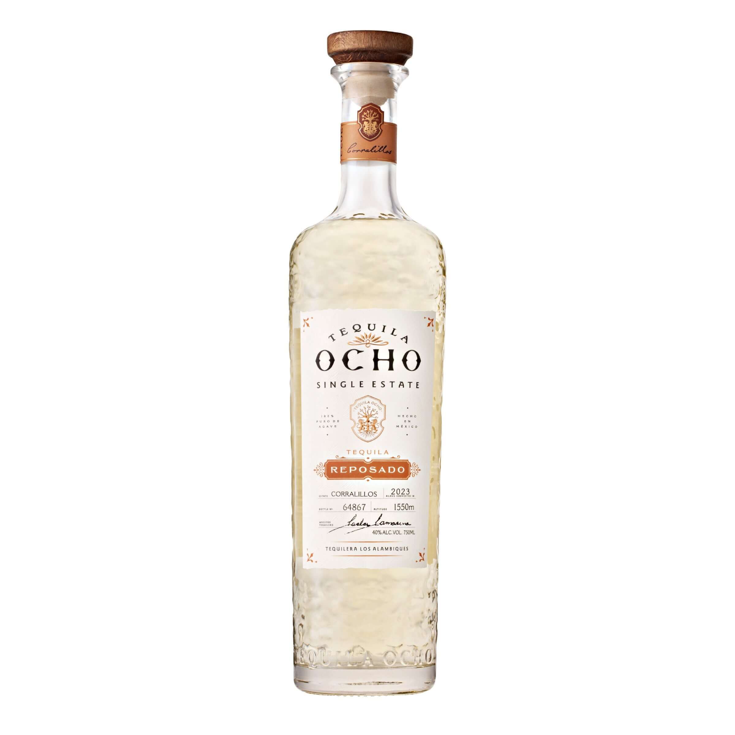 Tequila Ocho Reposado 750ml bottle aged in whiskey barrels, made from 100% Blue Weber agave in Arandas, Jalisco.