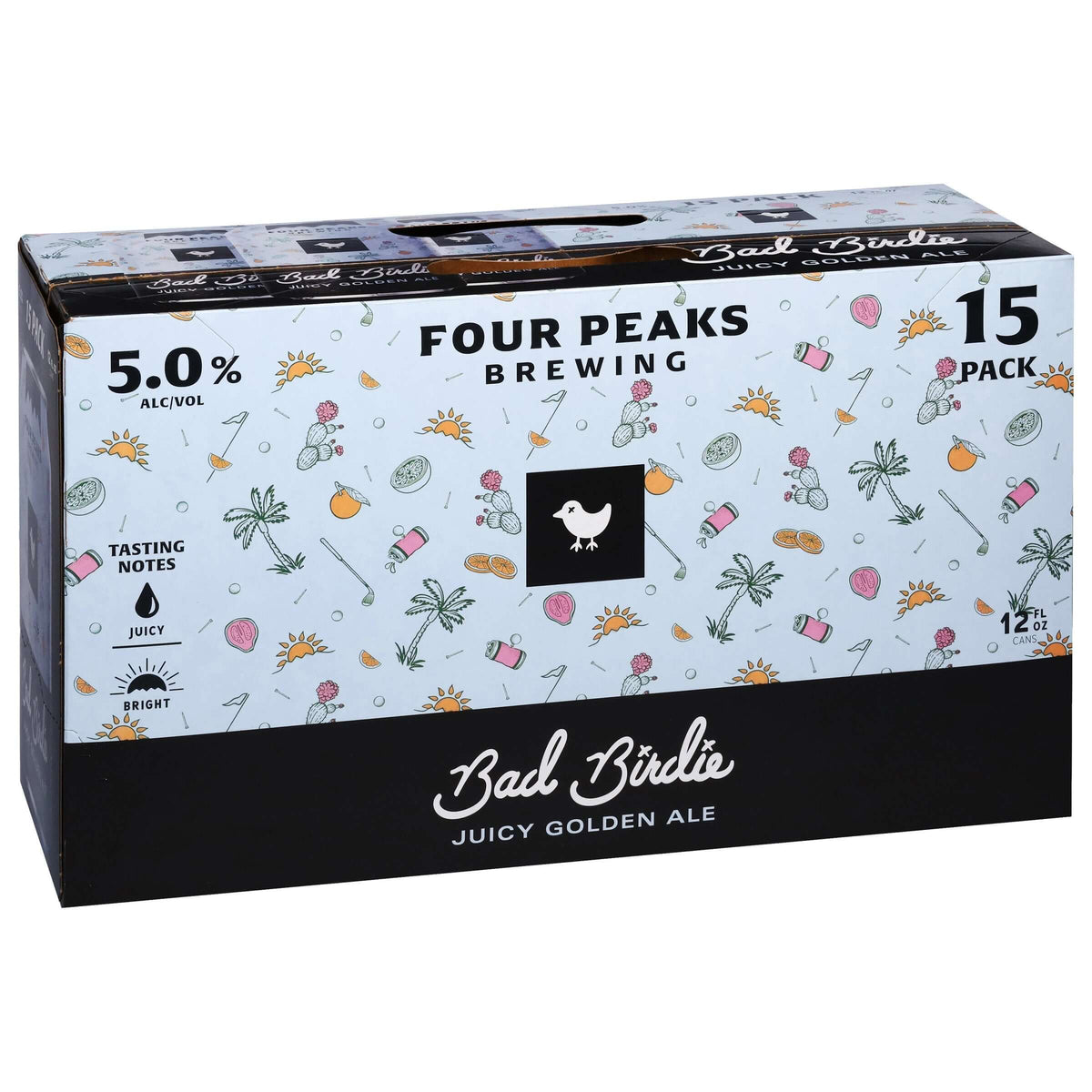 Four Peaks Bad Birdie Juicy Golden Ale 15 Pack, 12oz Cans, 5.0% ABV, Tempe, Arizona, with tropical fruit notes, packaging view