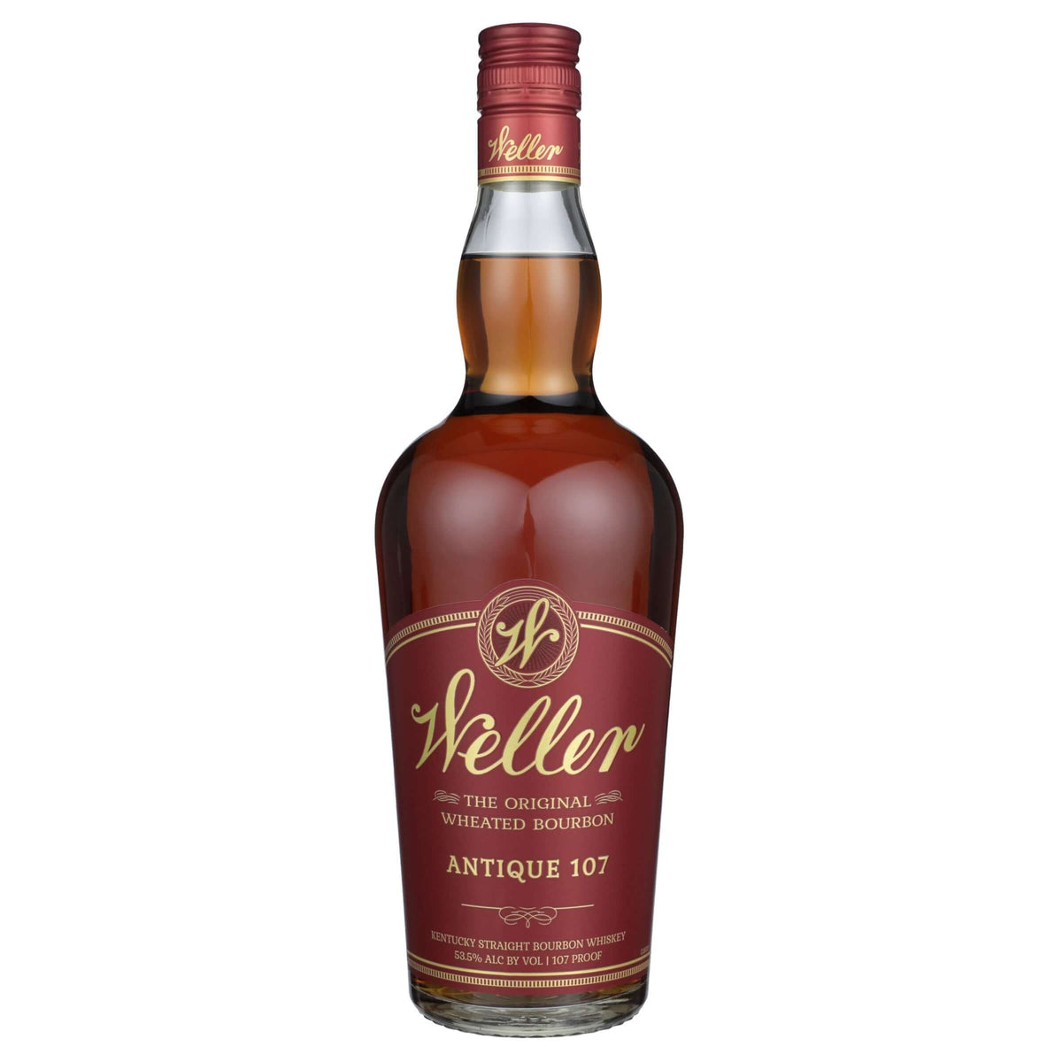 W.L. Weller Antique 107 bourbon bottle from Buffalo Trace Distillery, 750ml, wheated bourbon, robust and spicy flavor profile.