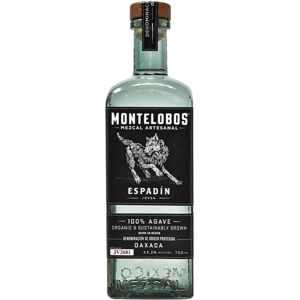 Montelobos Espadin Joven Mezcal 750ml bottle from Oaxaca, crafted from organic Espadín agave, front view.
