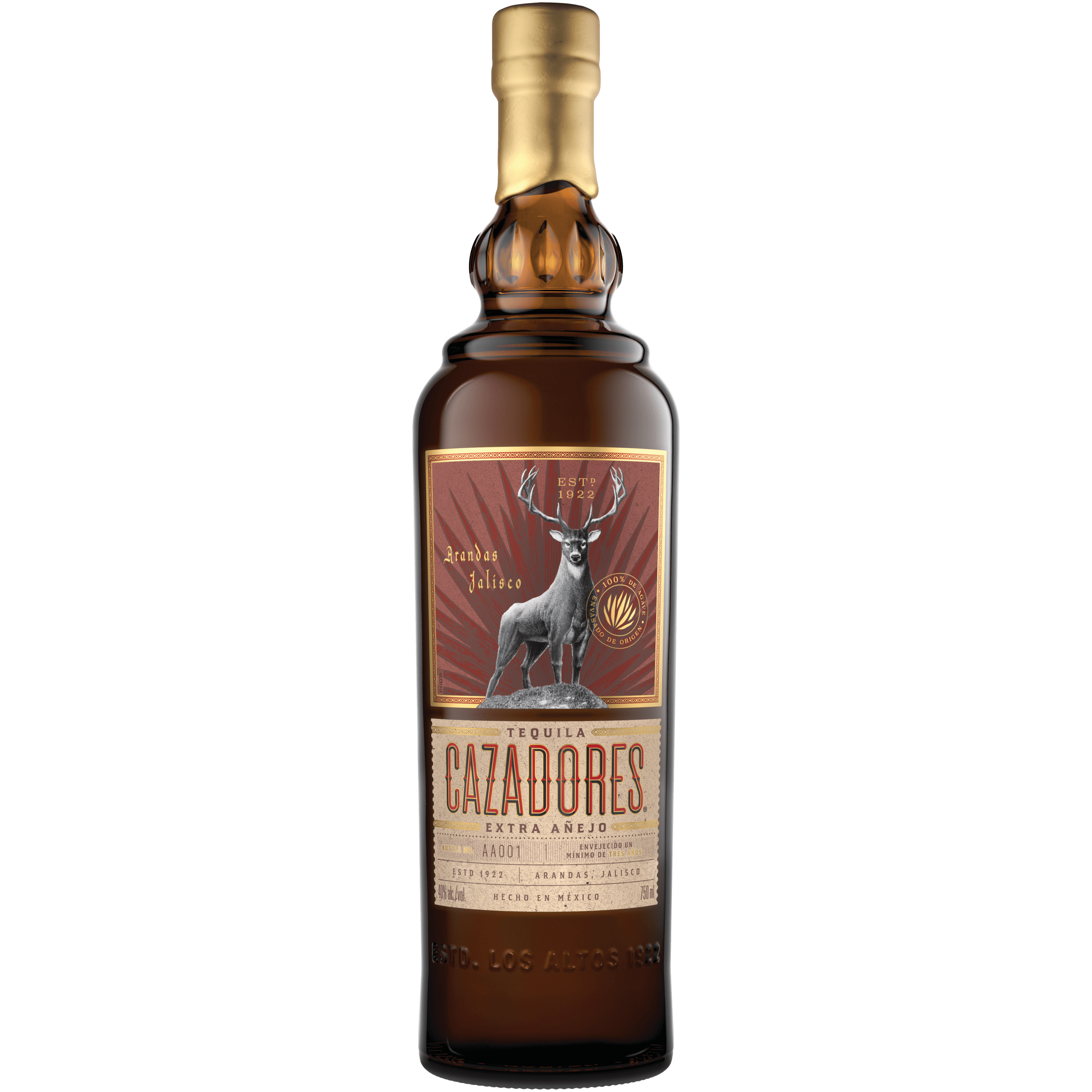 Cazadores Extra Añejo 750ml tequila bottle, aged 3 years, from Tequila Cazadores, Arandas, Jalisco, in new American oak barrels.