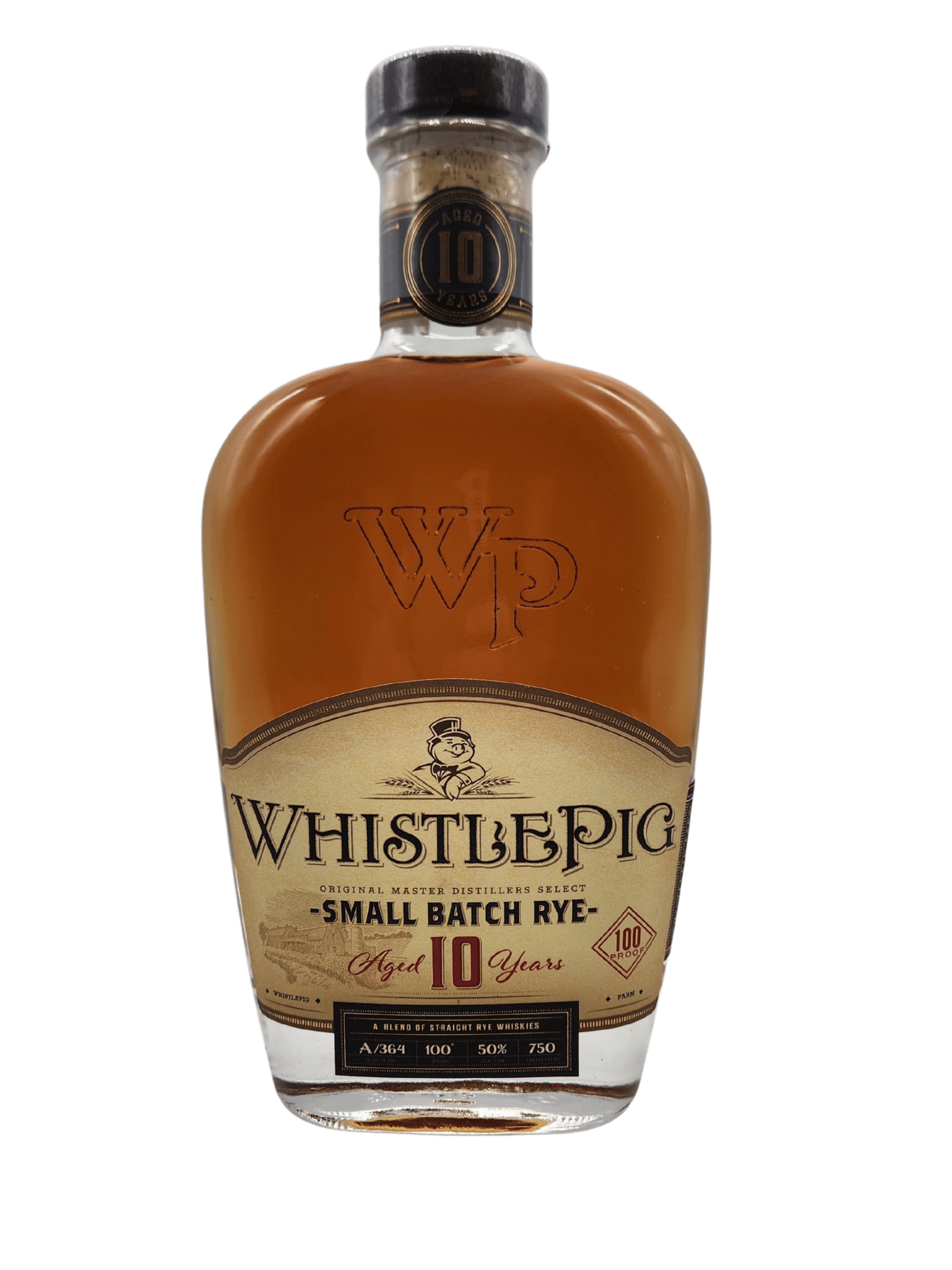 WhistlePig 10 Year Straight Rye Whiskey 750mL bottle with 100 proof label, Shoreham Vermont origin, bold spice and sweet caramel flavor