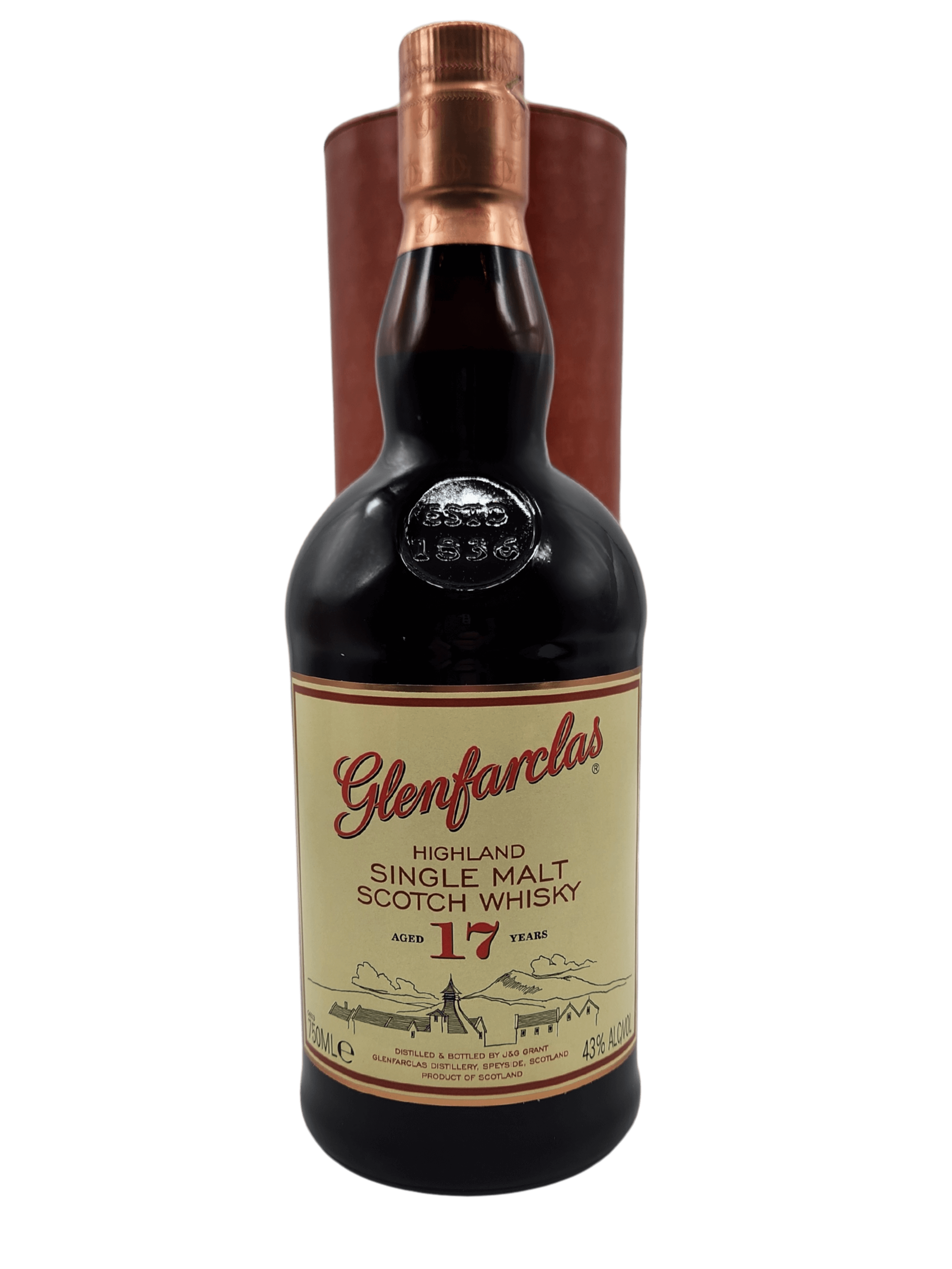 Glenfarclas 17YR Highland Single Malt Scotch Whisky 750mL bottle, Speyside origins, rich flavor profile with butterscotch notes.