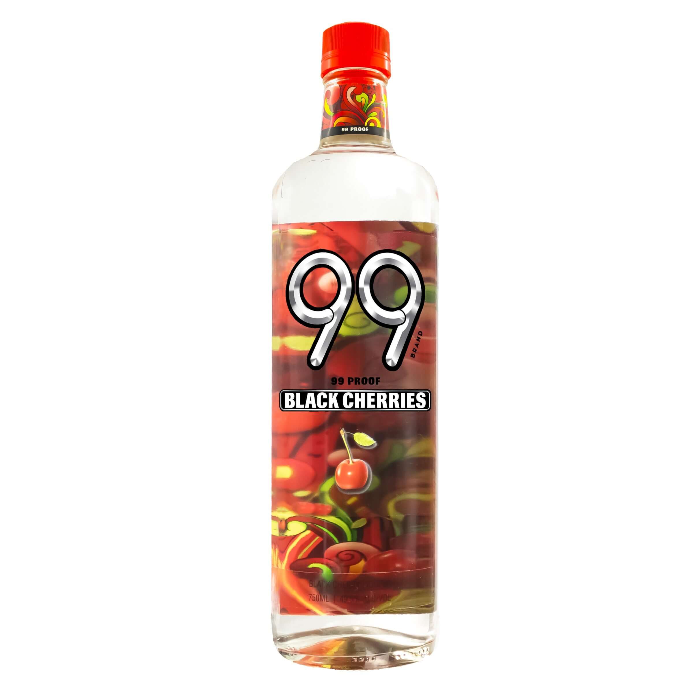 Bottle of 99 Black Cherries Liqueur, 750ml, 99 proof with a vibrant cherry design label.