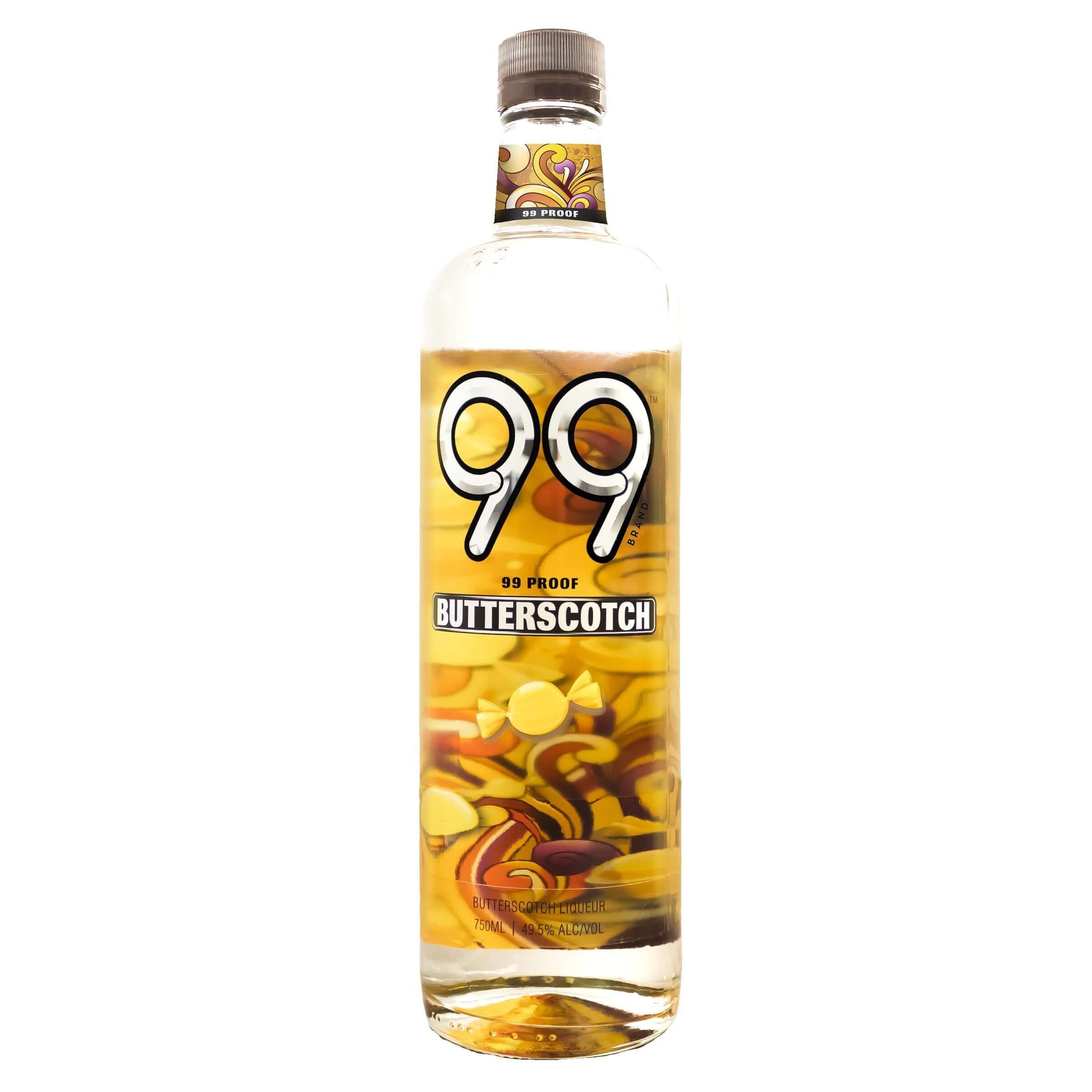 Bottle of 99 Butterscotch Liqueur 750ml, 99 Proof, featuring vibrant label design.