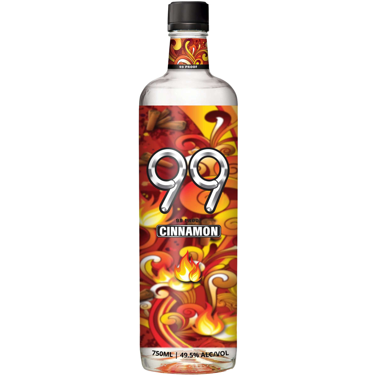 Bottle of 99 Cinnamon Liqueur 750ml, 99 proof, featuring fiery label design with cinnamon flavor.