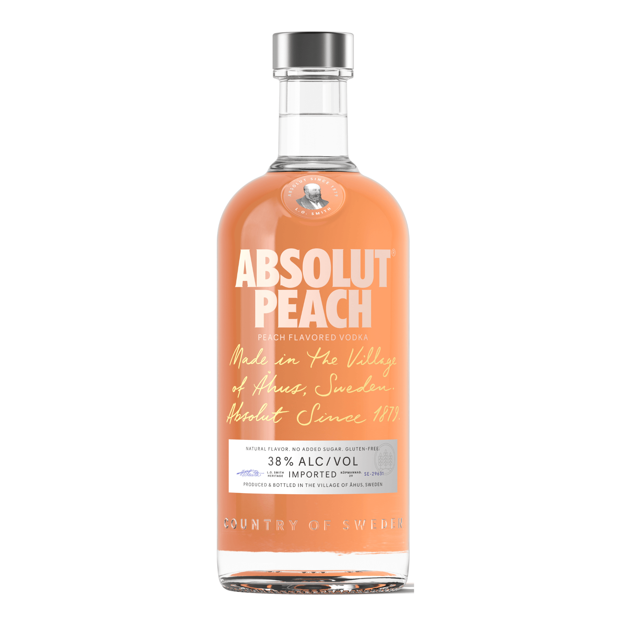 Bottle of Absolut Peach Vodka 750ml from Sweden, featuring natural peach flavor, perfect for cocktails like Bellinis and Peach Mules.