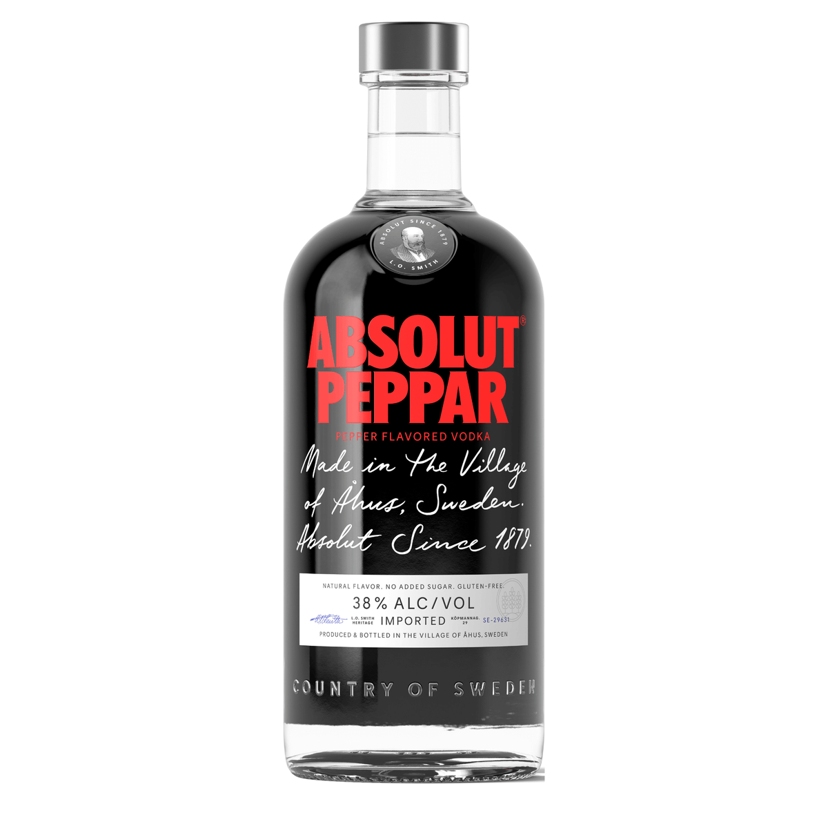 Bottle of Absolut Peppar Pepper Vodka from Åhus, Sweden, 750ml, 40% ABV, featuring bold black pepper and chili notes.