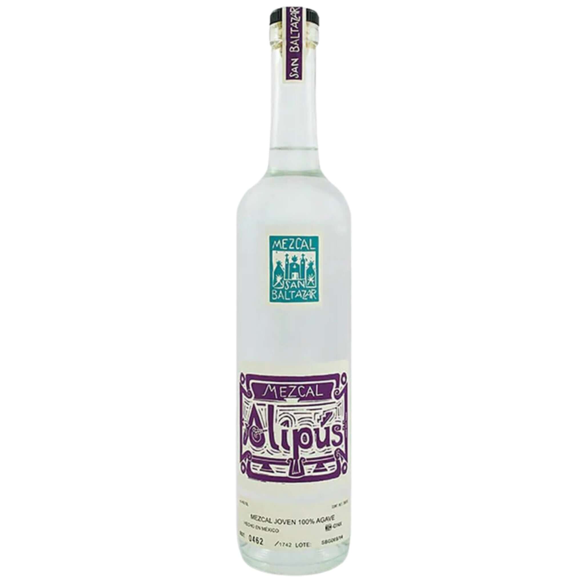 Alipus San Baltazar 750ml bottle, artisanal mezcal from Oaxaca, 100% Espadín agave, traditional pine vat fermentation.