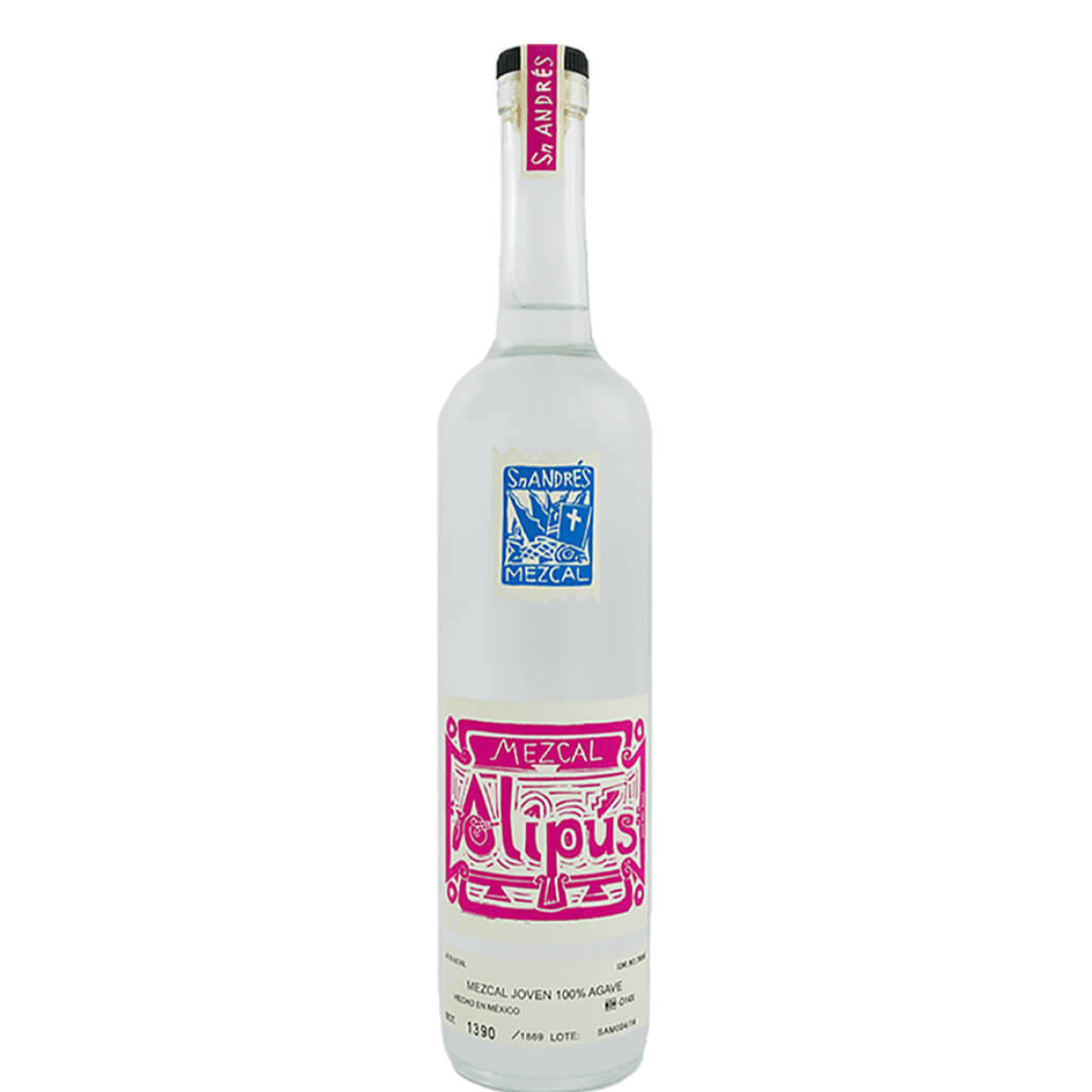Alipus Mezcal San Andres 750mL bottle from Oaxaca, Mexico, crafted from agave espadín, featuring label with traditional artwork.
