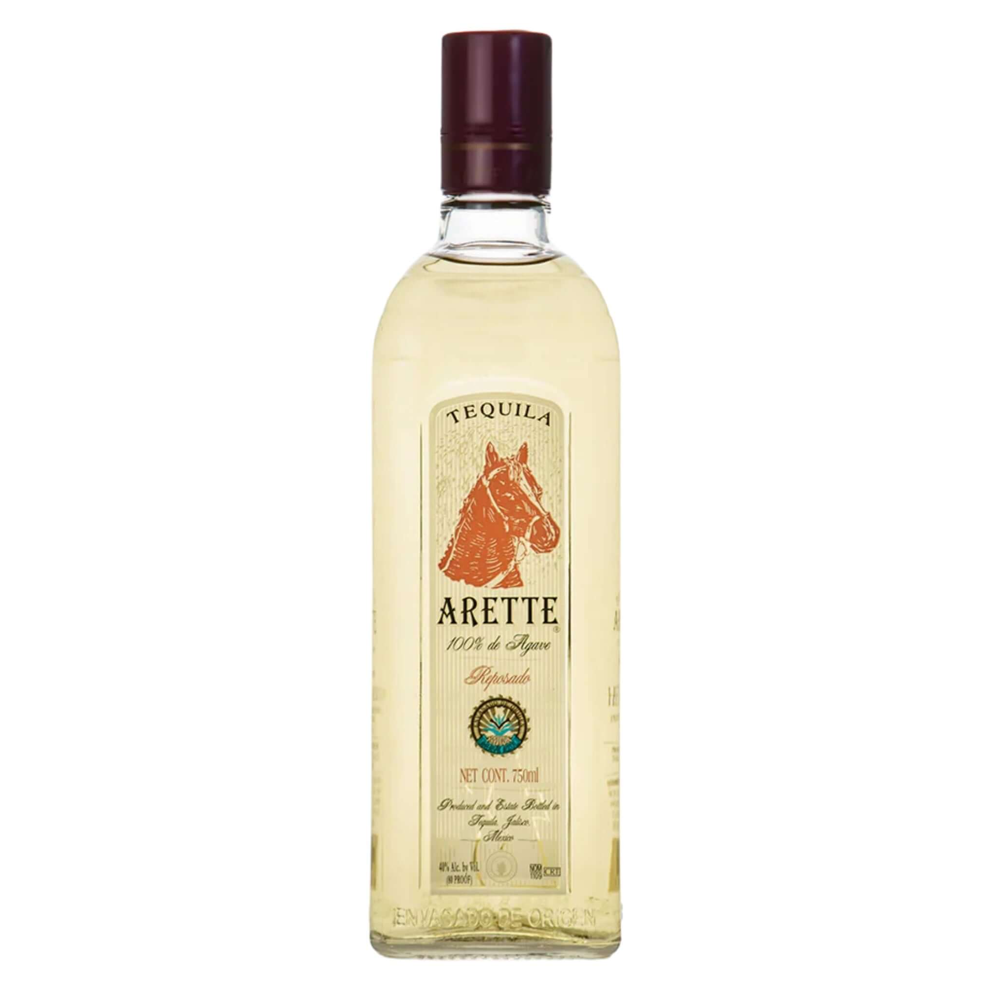 Arette Reposado Tequila 700ml bottle with horse logo, aged in oak, made from blue Weber agave in Jalisco, Mexico.