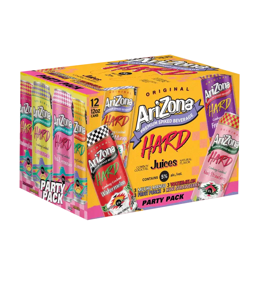 Arizona Hard Tea Juice Cocktail 12 Pack with fruit flavors and 5% ABV in 12oz cans, vibrant party pack design