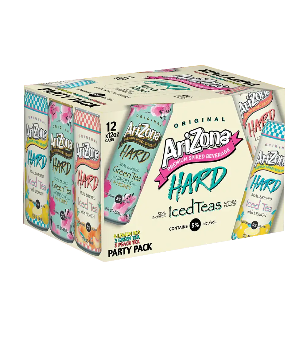 AriZona Hard Iced Tea Party Pack, 12oz cans, variety of flavors, 5.0% ABV, featuring a blend of real brewed tea and sweetness.