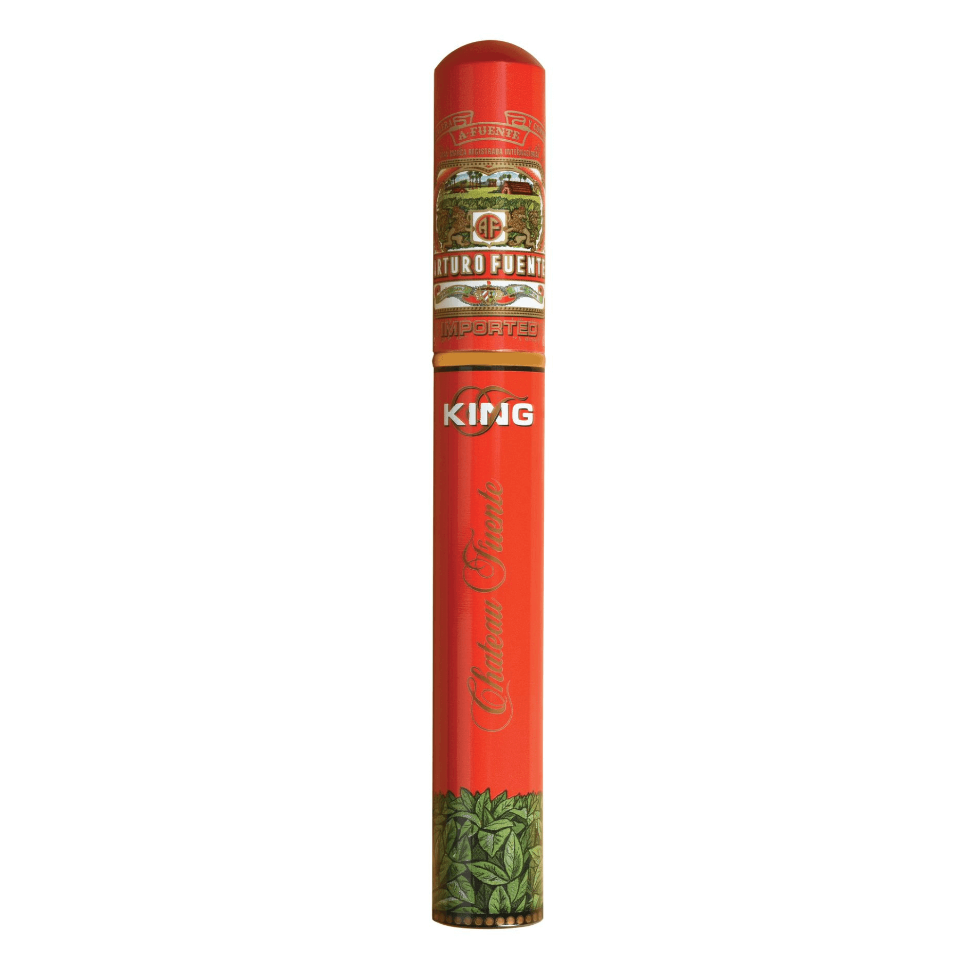 Arturo Fuente Chateau Fuente King T Rosado Sungrown cigar in red tube packaging.