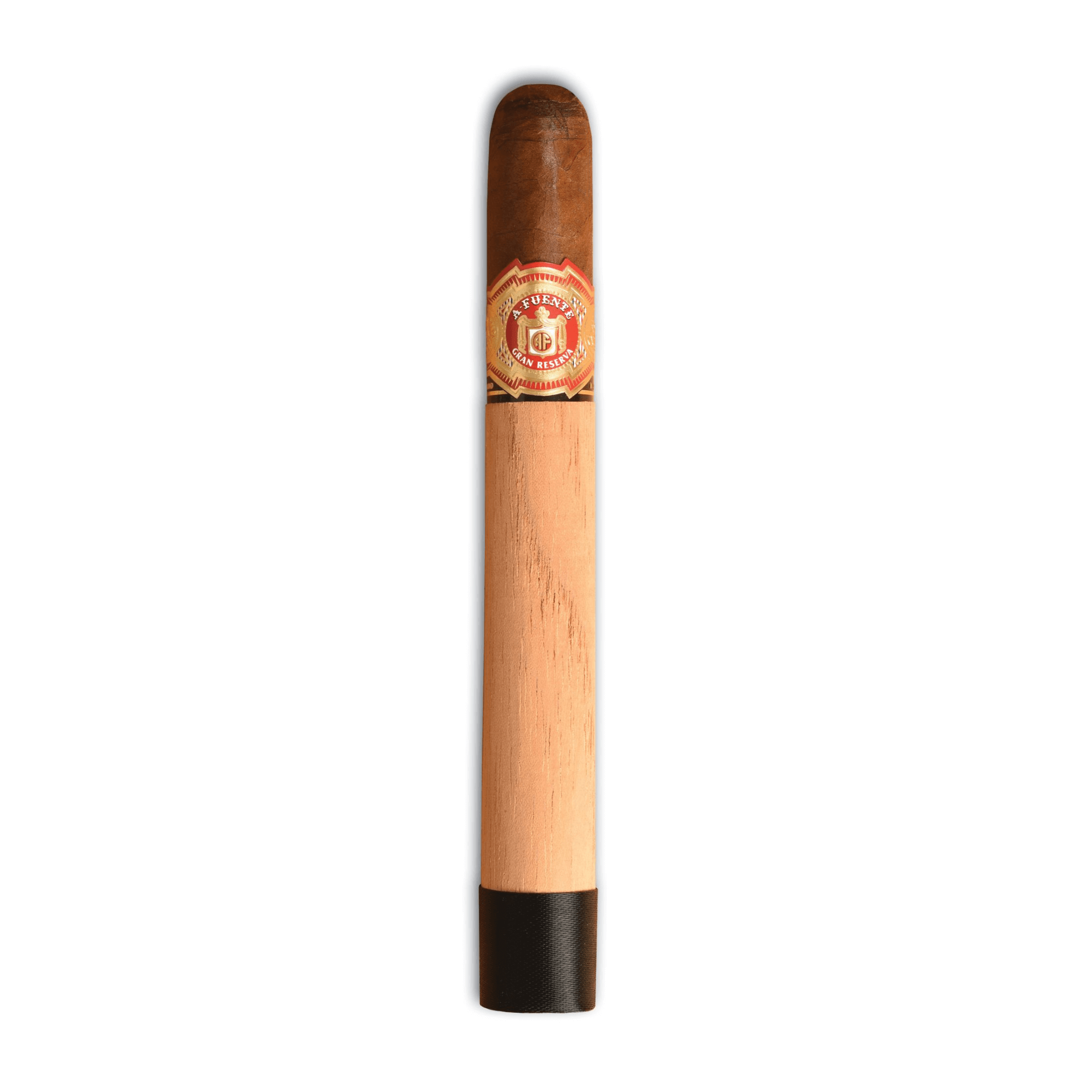Arturo Fuente Double Chateau Fuente Sun Grown cigar with band, standing vertically on white background.