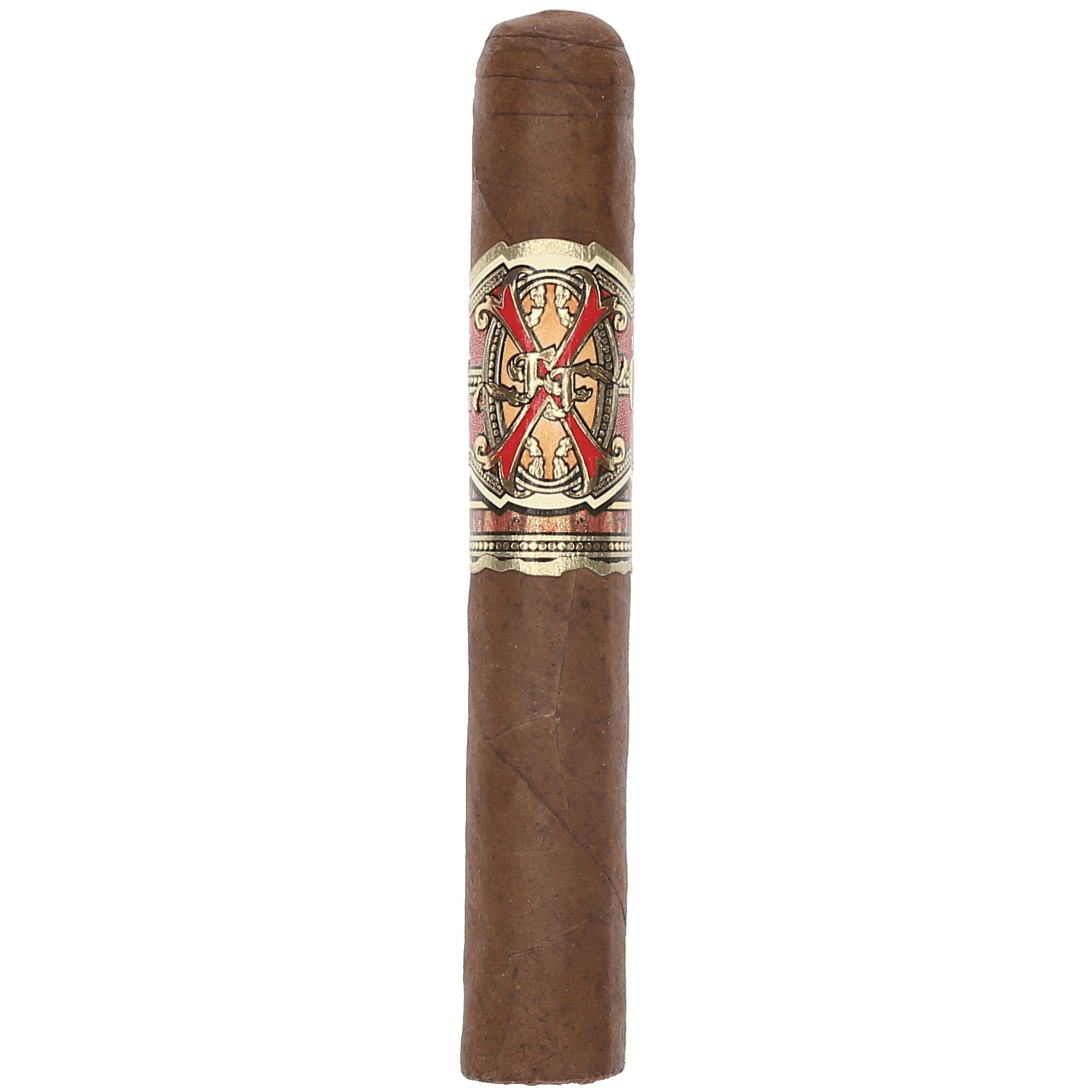 Arturo Fuente Opus X Pussy Cat cigar, Dominican Sun Grown Rosado wrapper, Petit Corona size, full strength, rich spice and cocoa flavors.