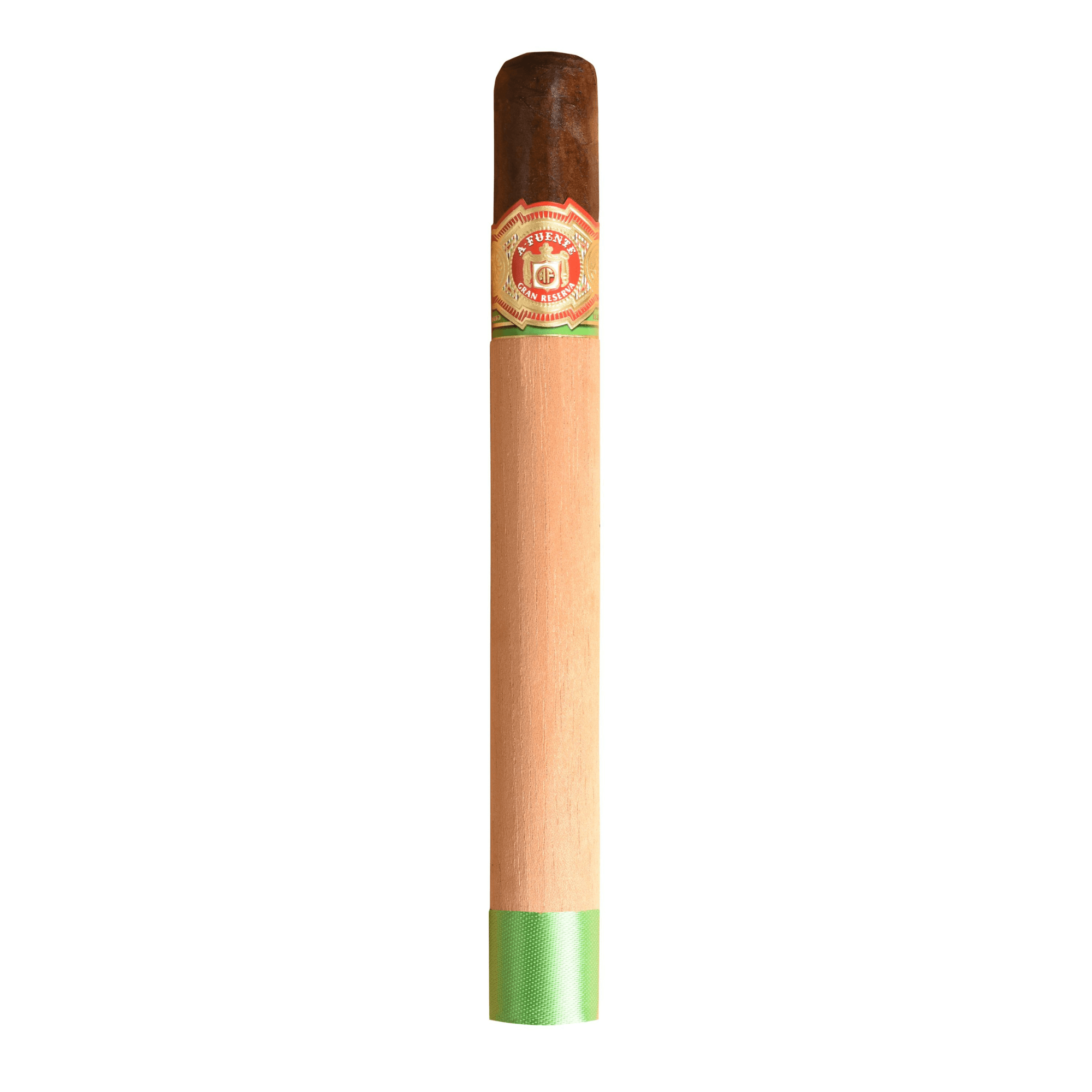 Arturo Fuente Royal Salute Maduro cigar in a wooden sleeve, featuring a band with detailed red and gold design.