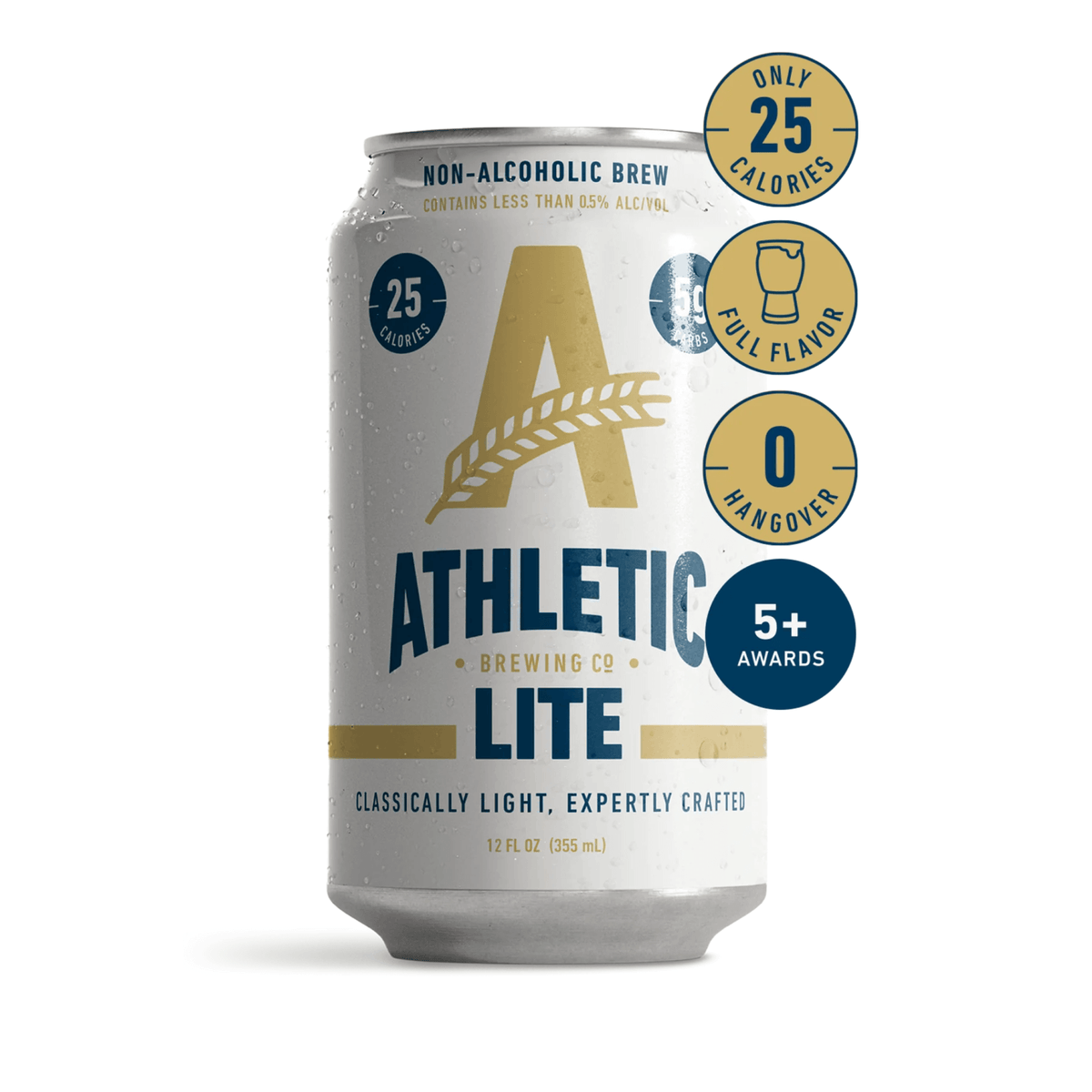 Athletic Lite 12oz can from Athletic Brewing Co., non-alcoholic light lager with 25 calories, crisp and refreshing taste.