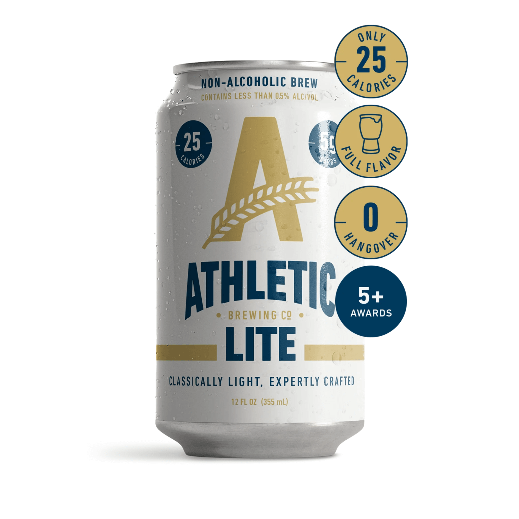 Athletic Lite 6-pack can, non-alcoholic light lager by Athletic Brewing Company with gluten-removed, 25 calories, full flavor.