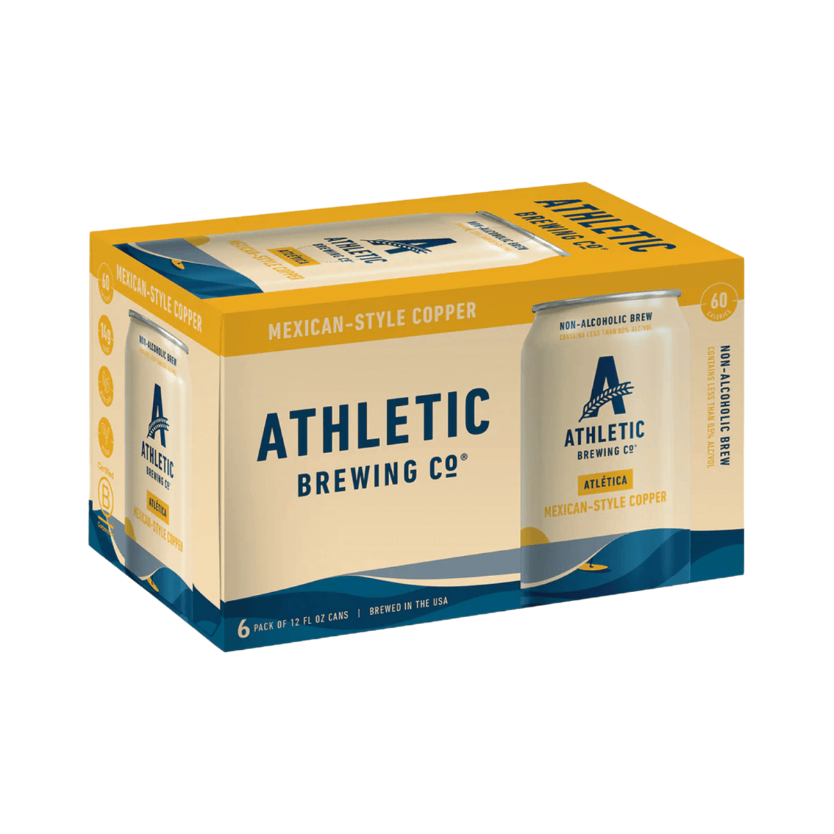 6-pack of Cerveza Atletica non-alcoholic Mexican-style copper ale in cans by Athletic Brewing Company