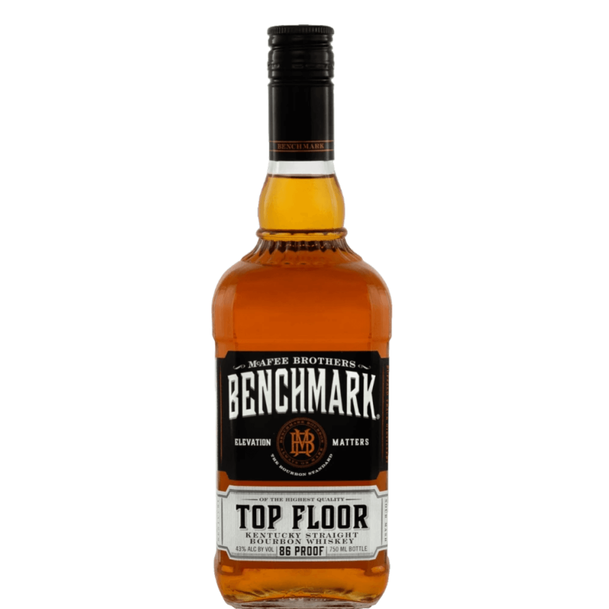 Benchmark Top Floor Bourbon 750ml bottle, Kentucky whiskey, 43% ABV, Buffalo Trace Distillery, aged for unique flavor.