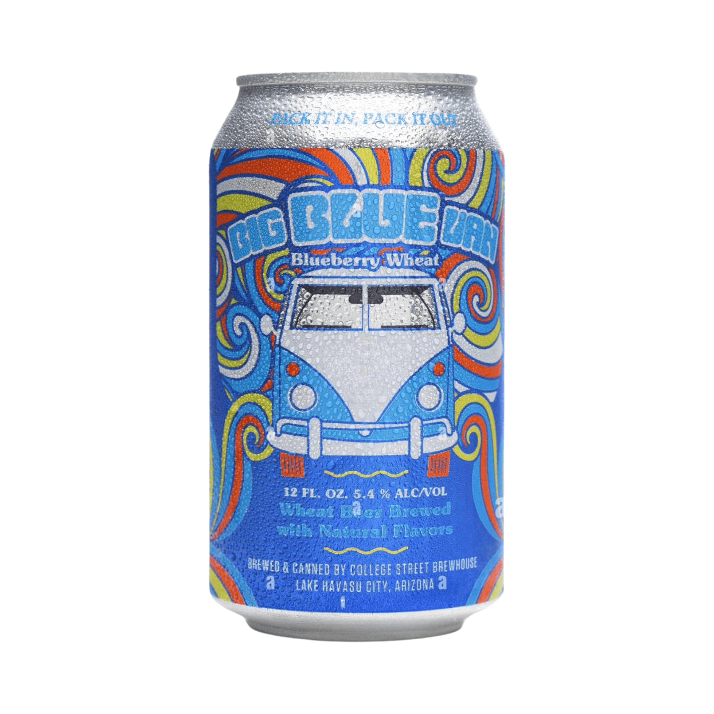 College Street Big Blue Van 12oz can, featuring vibrant design with a blue van, blueberry wheat ale, 5.4% ABV, from Lake Havasu City.