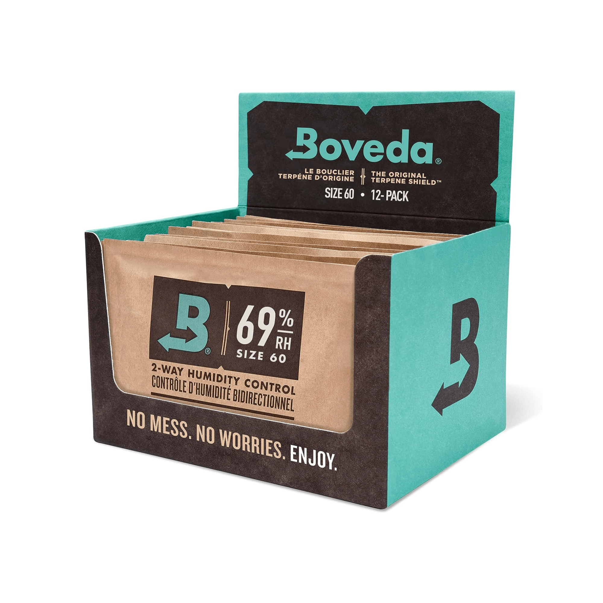 Box of Boveda 60g 69% RH humidity control packets for cigars and storage, showing no mess and worry-free maintenance features.