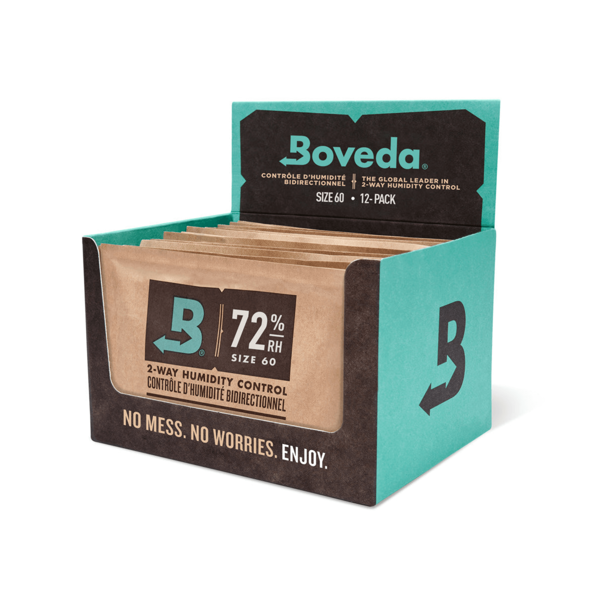 Boveda 60g 72% RH humidity control packs for cigar storage in open box, showing no mess and precision control.