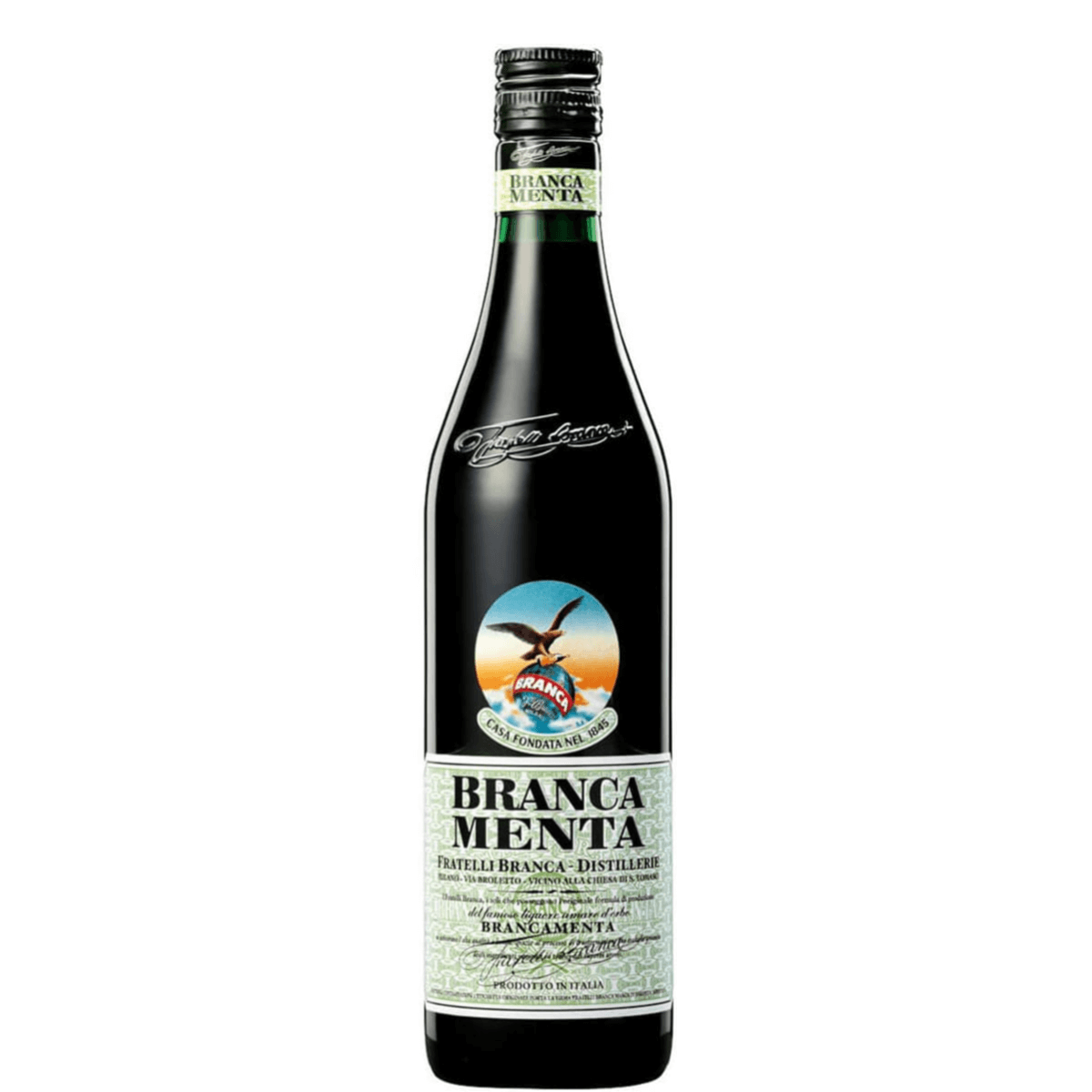 Branca Menta 750ml bottle, Italian herbal liqueur from Milan with mint flavor, perfect as digestif or in cocktails, 28% ABV.