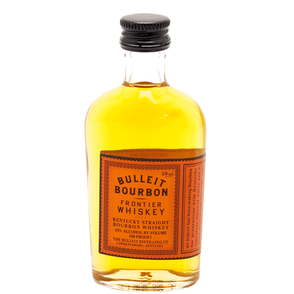 Bulleit Bourbon 50ml bottle featuring a unique blend of rye, corn, and barley malt for a bold, spicy character and smooth finish.