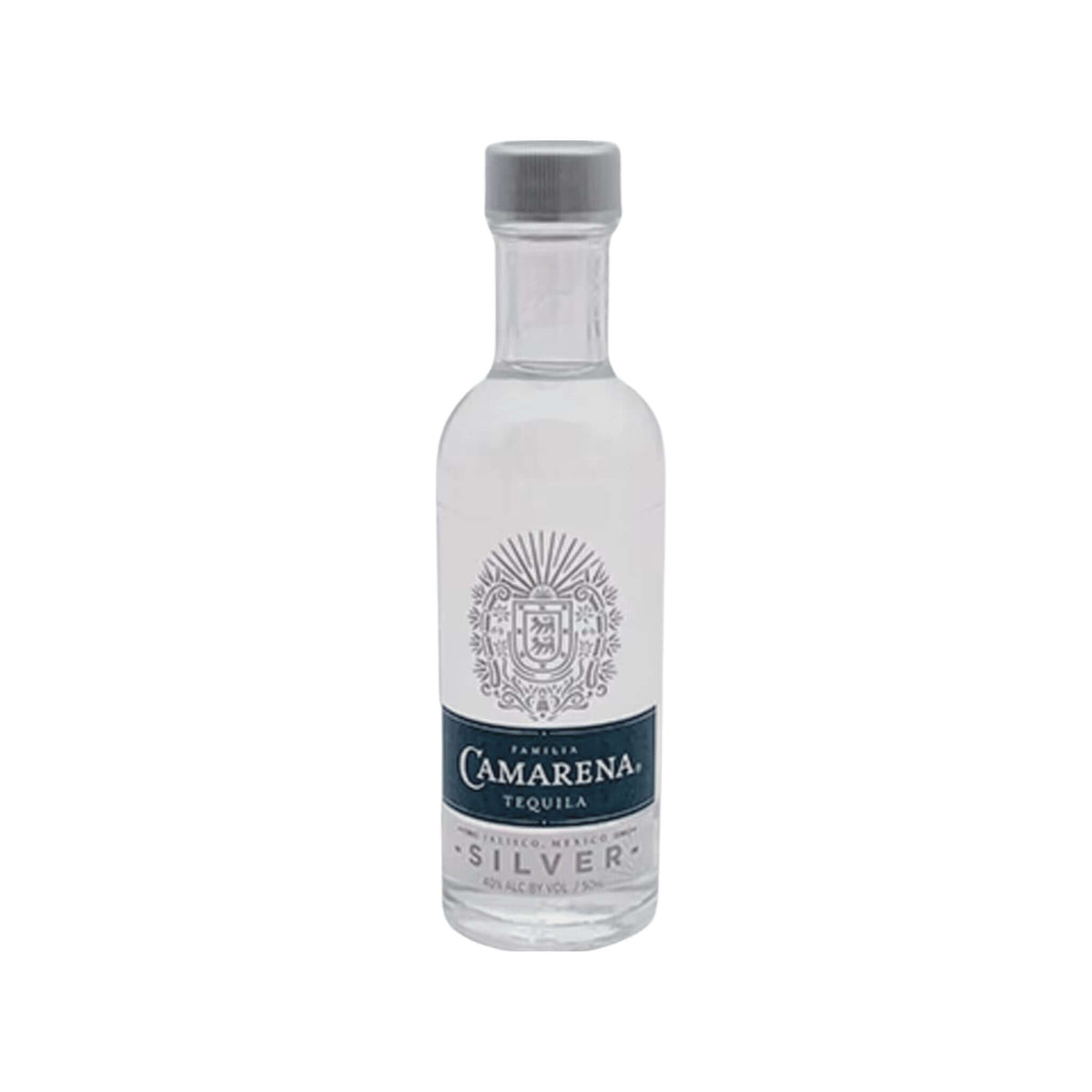 Camarena Silver Tequila 50ml bottle from Jalisco Highlands, crafted with blue Weber agave, unaged and vibrant spirit in clear packaging.