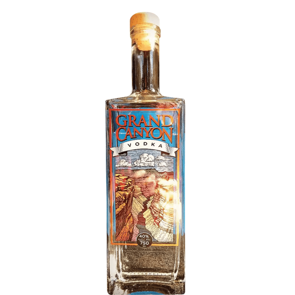 Canyon Diablo Grand Canyon Vodka bottle 750ml with artistic label, crafted in Flagstaff, Arizona by Canyon Diablo Spirits & Distillery.
