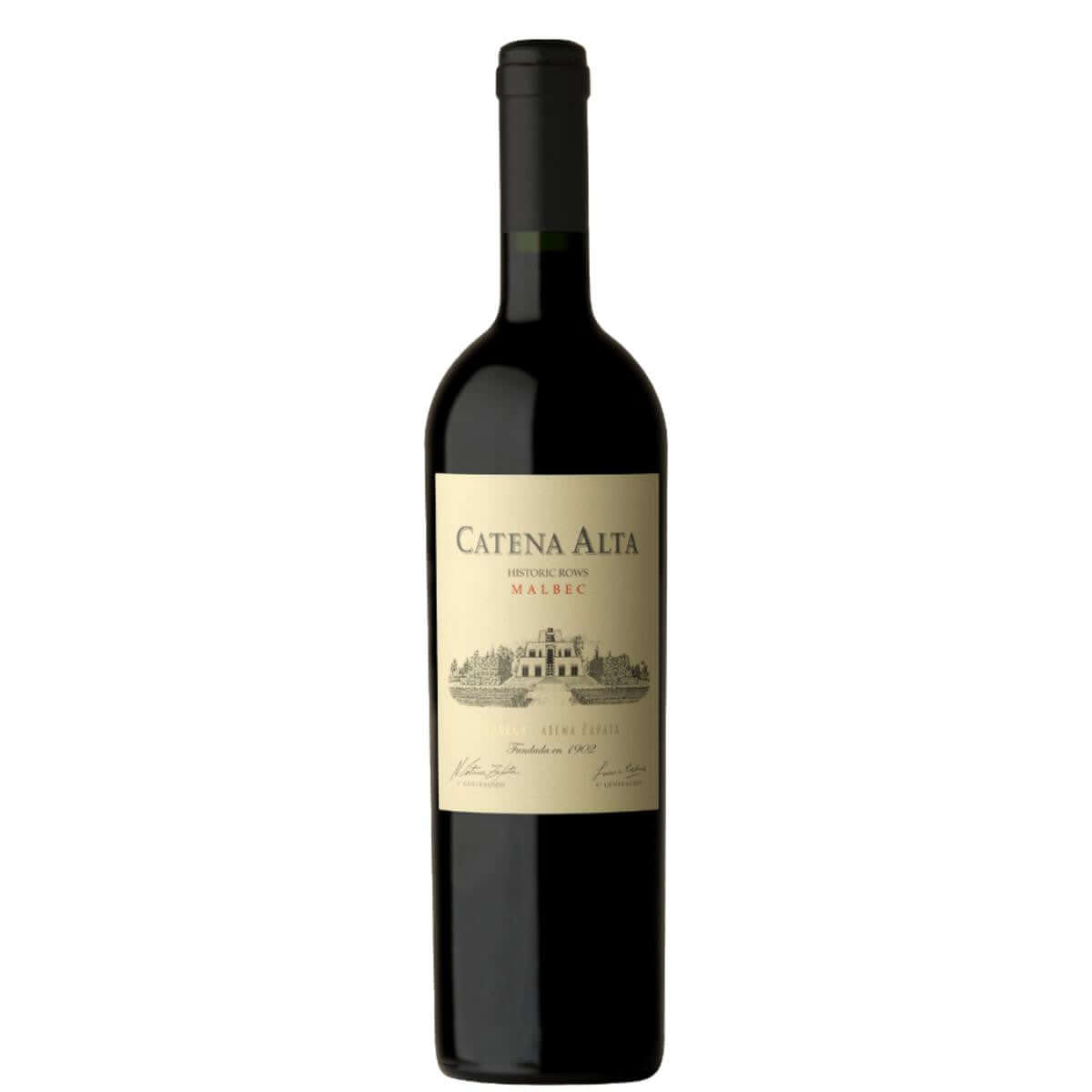 Catena Alta Malbec 2018 bottle, 750ml from Bodega Catena Zapata in Mendoza, showcasing deep violet color and ripe fruit aromas.