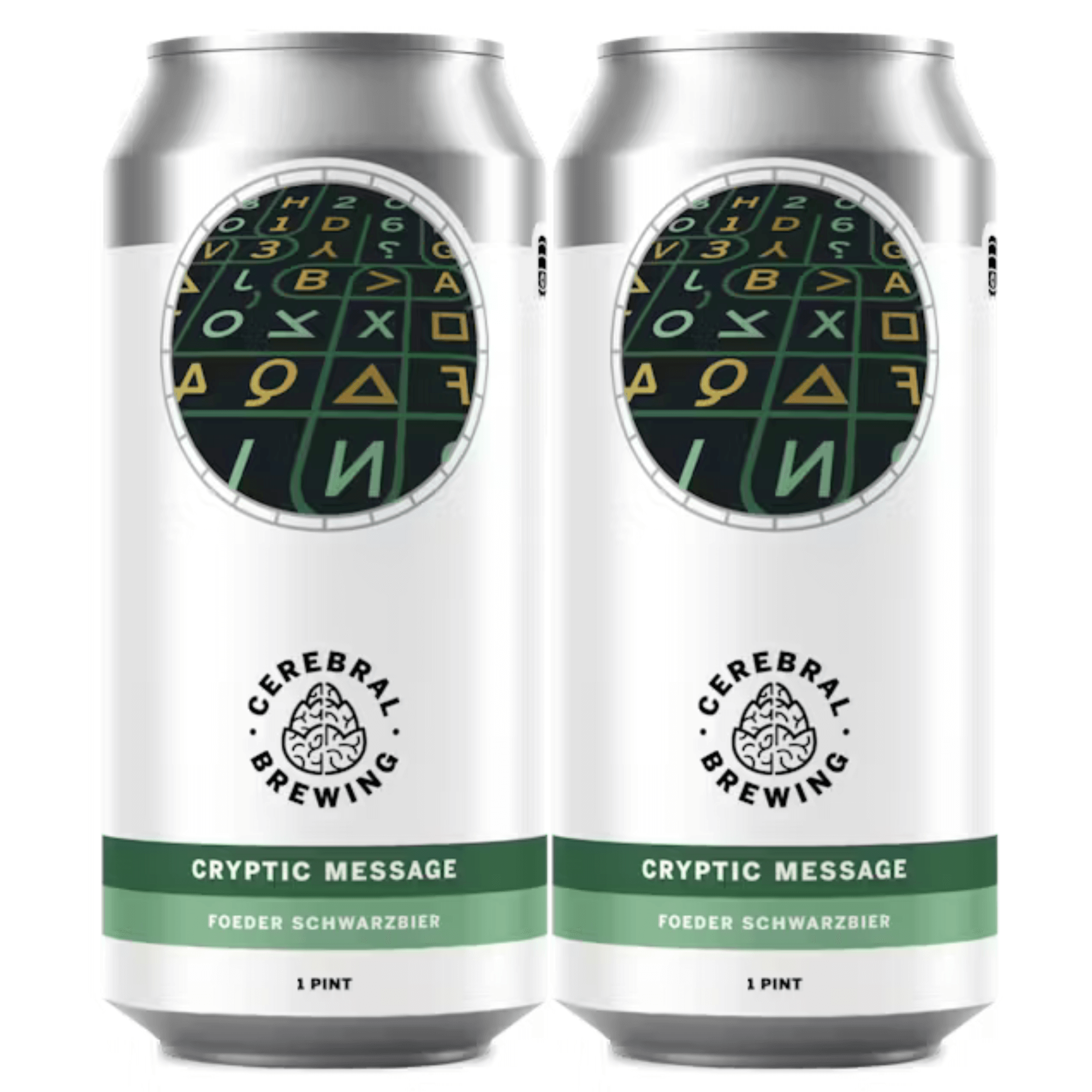 Four-pack of Cerebral Brewing Cryptic Message Schwarzbier cans with black labels and cream text, arranged in a black carrier.