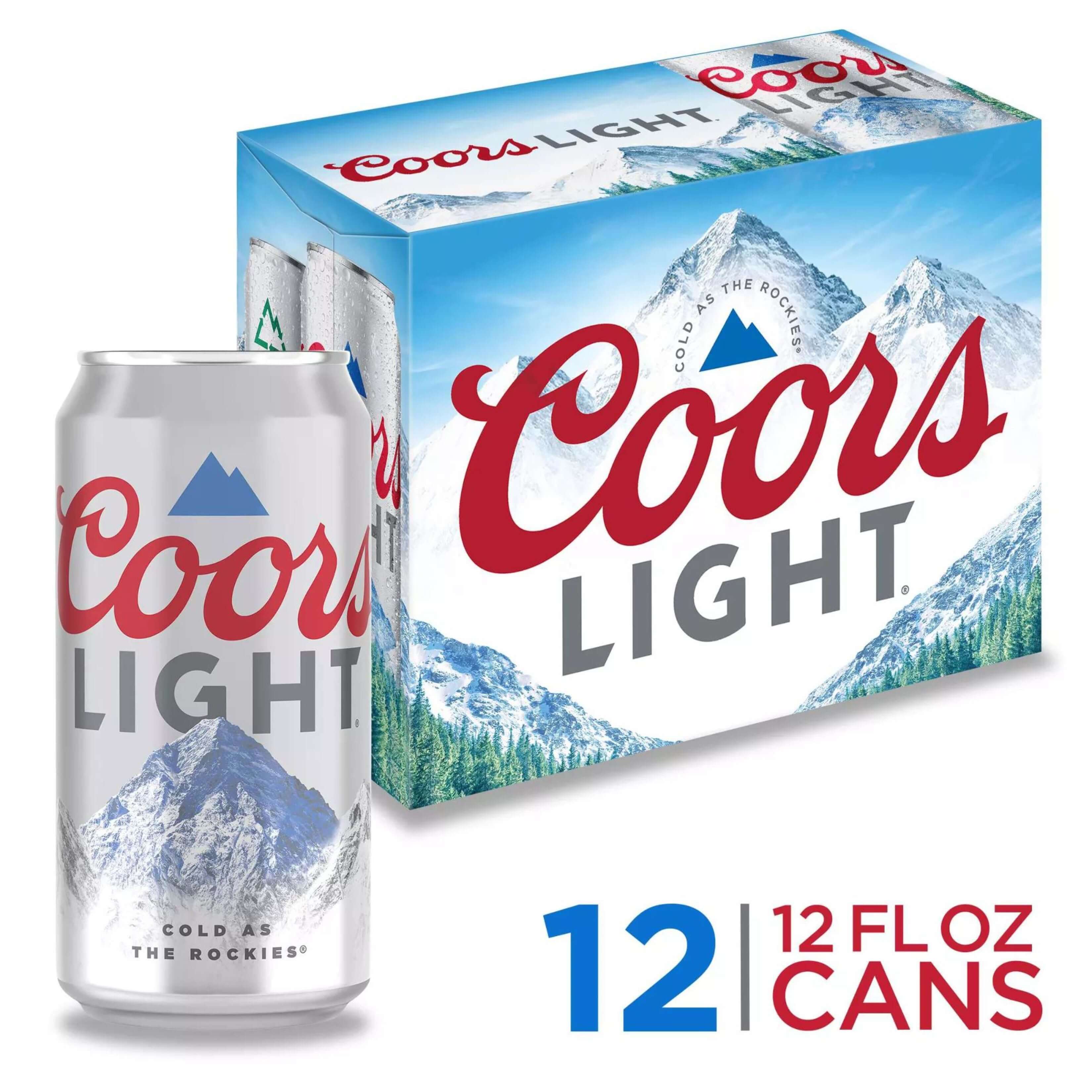 Coors Light 12 Pack 12oz cans with mountain design packaging, featuring American light lager beer for a refreshing taste.
