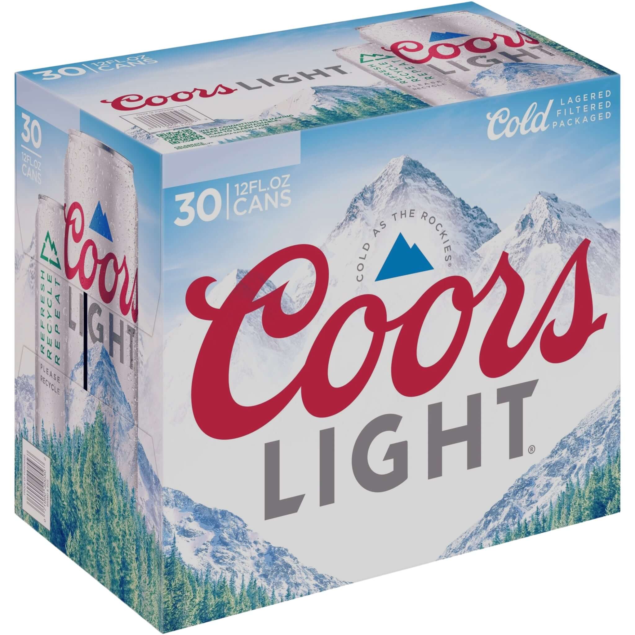Coors Light 30 Pack of 12oz Cans featuring American Light Lager with crisp, refreshing flavor from Golden, Colorado.