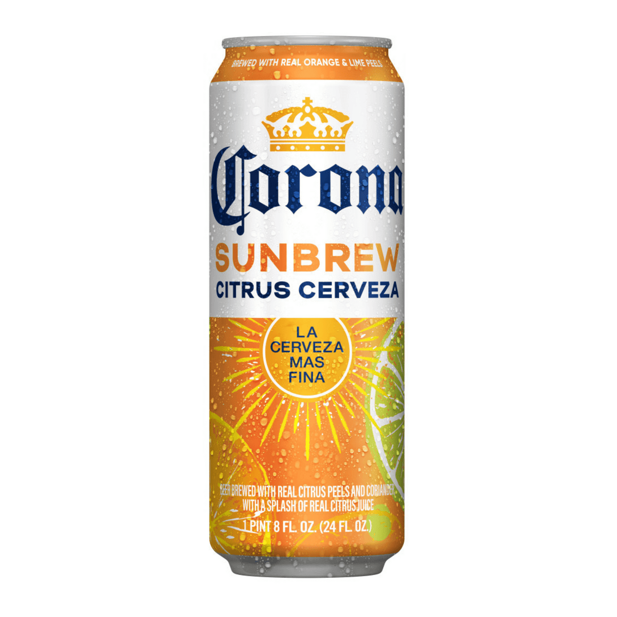 24oz can of Corona Sunbrew Citrus Cerveza, a Mexican lager with citrus infusion, featuring orange and lime imagery on the label.