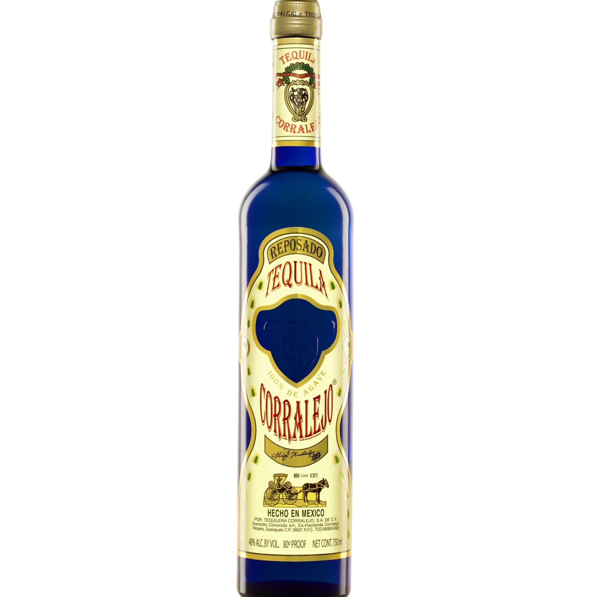 Corralejo Tequila Reposado 750ml bottle with blue label, aged 4 months in oak, crafted in Pénjamo, Guanajuato, Mexico, under NOM 1368.